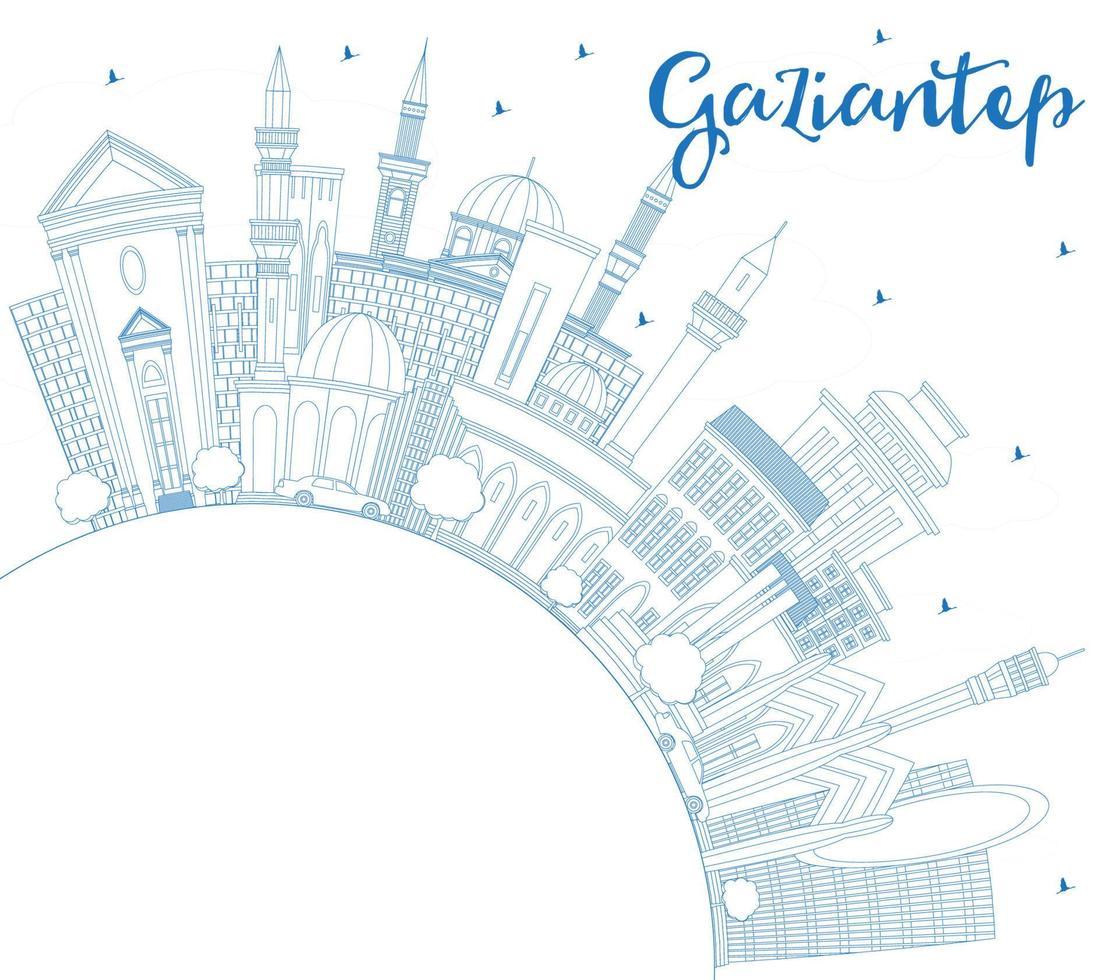 Outline Gaziantep Turkey City Skyline with Blue Buildings and Copy Space. vector