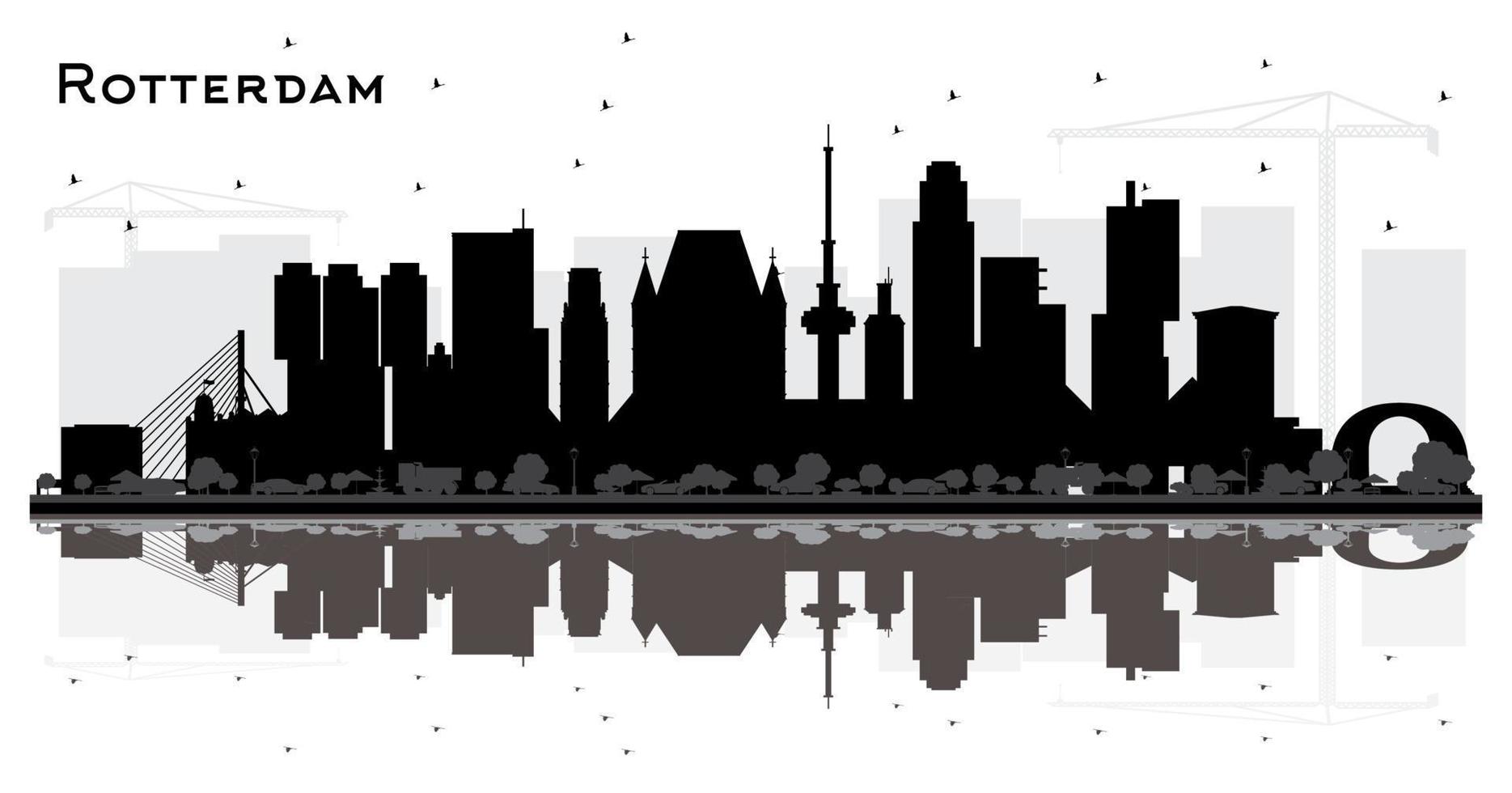 silueta del horizonte de la ciudad de los países bajos de rotterdam con reflejos y edificios negros aislados en blanco. vector