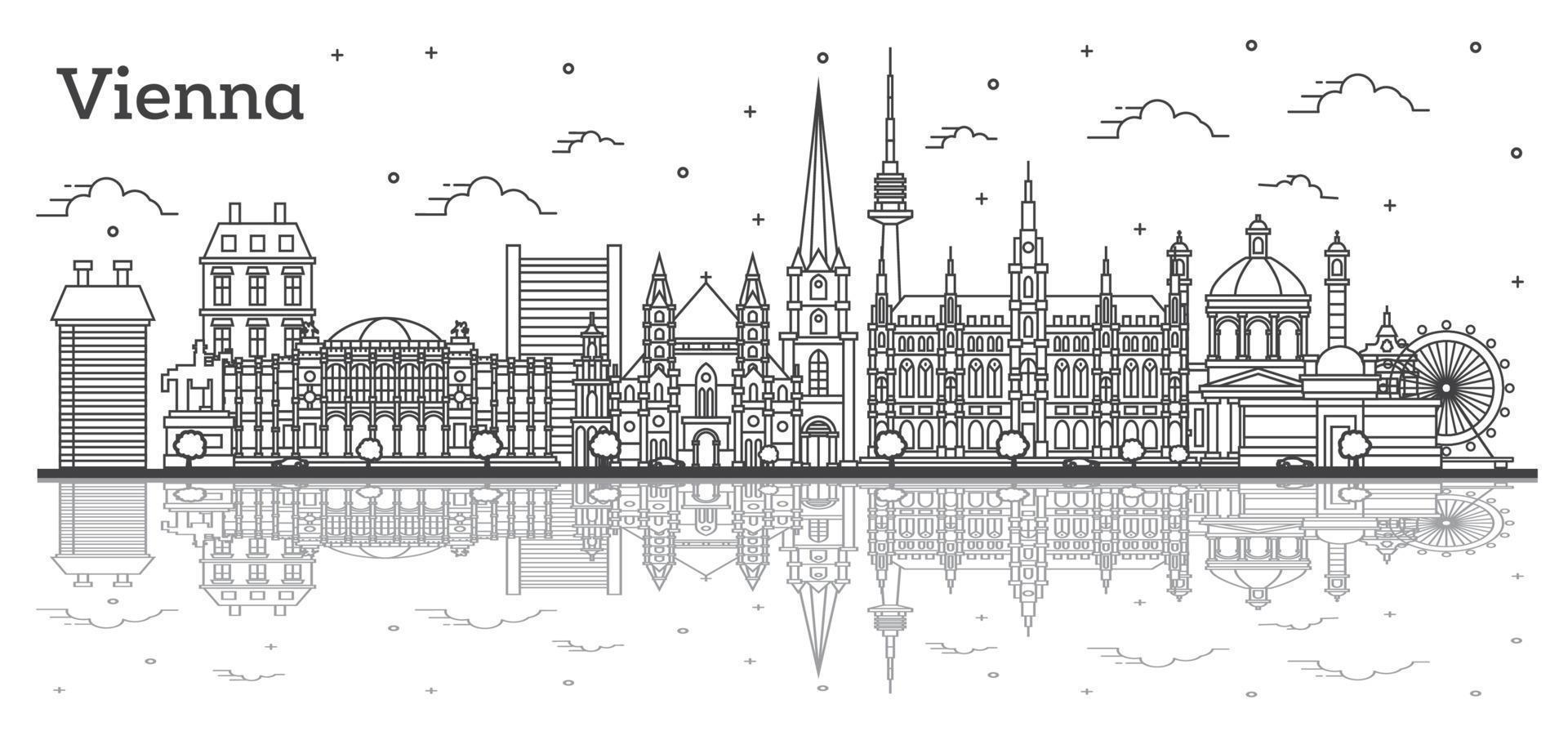 Outline Vienna Austria City Skyline with Historic Buildings and Reflections Isolated on White. vector