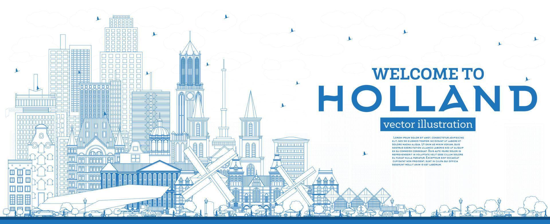 Outline Welcome to Netherlands Skyline with Blue Buildings. vector