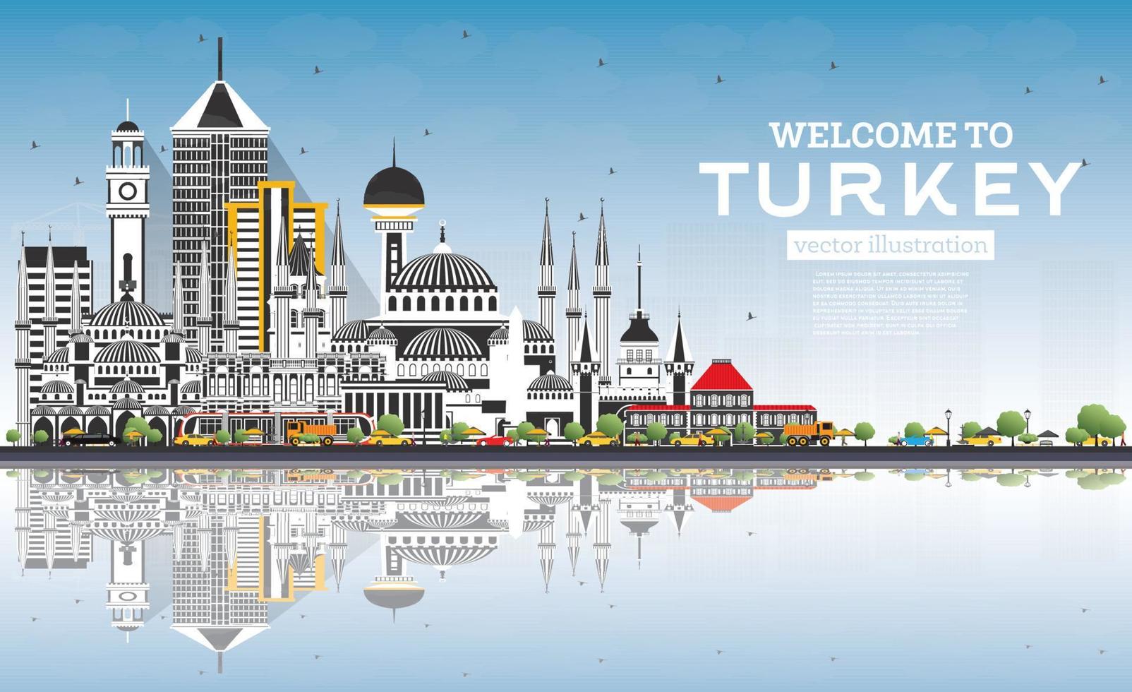 Welcome to Turkey Skyline with Gray Buildings, Blue Sky and Reflections. vector