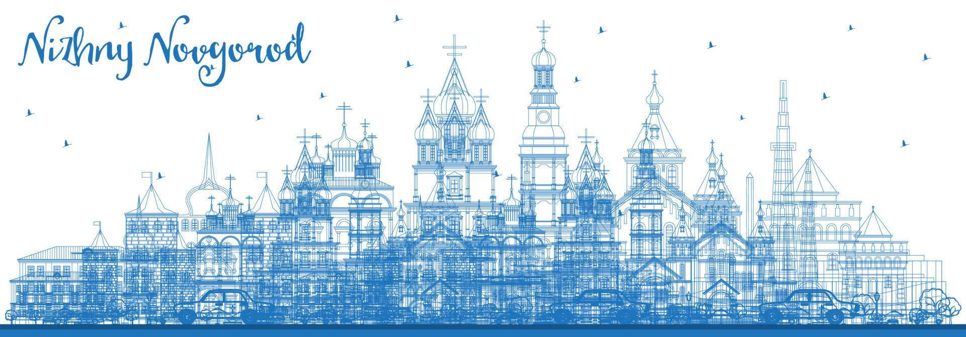 delinear el horizonte de la ciudad de nizhny novgorod rusia con edificios azules. vector