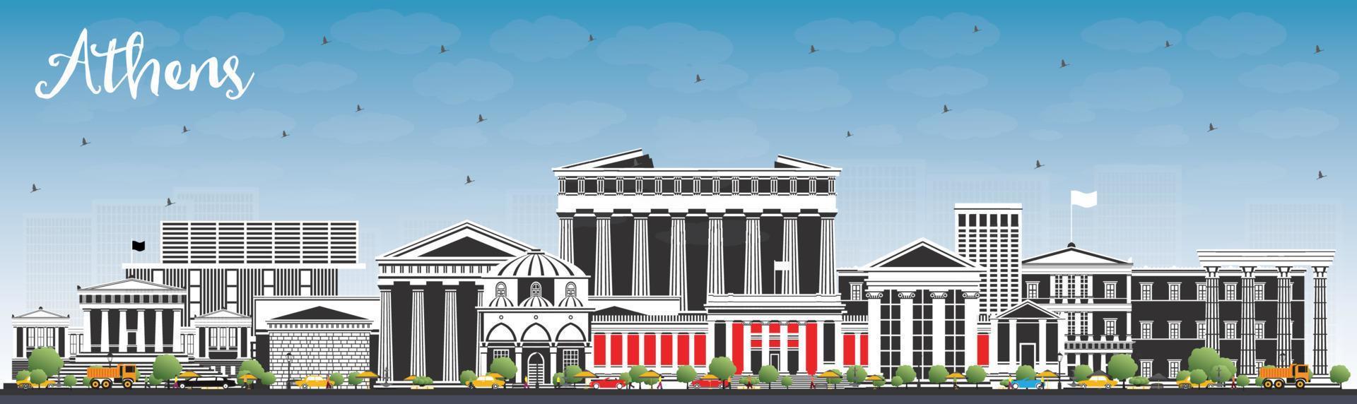 Athens Greece City Skyline with Color Buildings and Blue Sky. vector