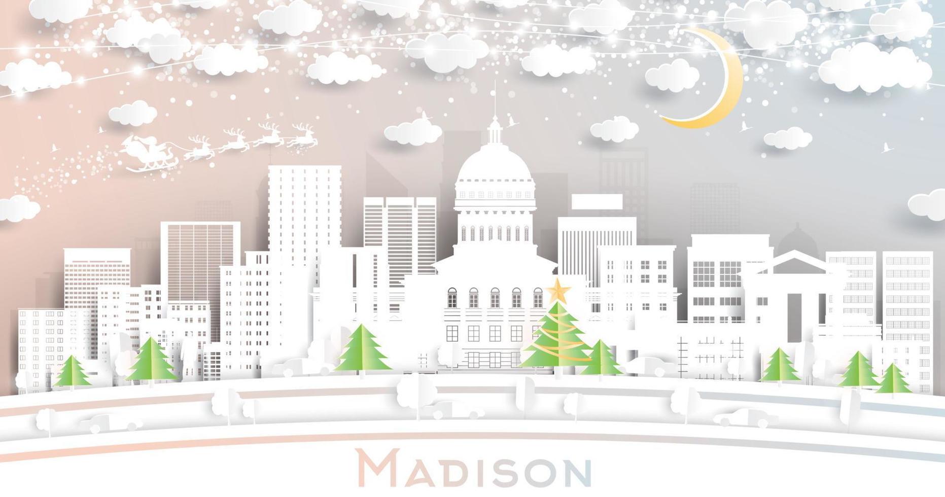 horizonte de la ciudad de madison wisconsin en estilo de corte de papel con copos de nieve, luna y guirnalda de neón. vector