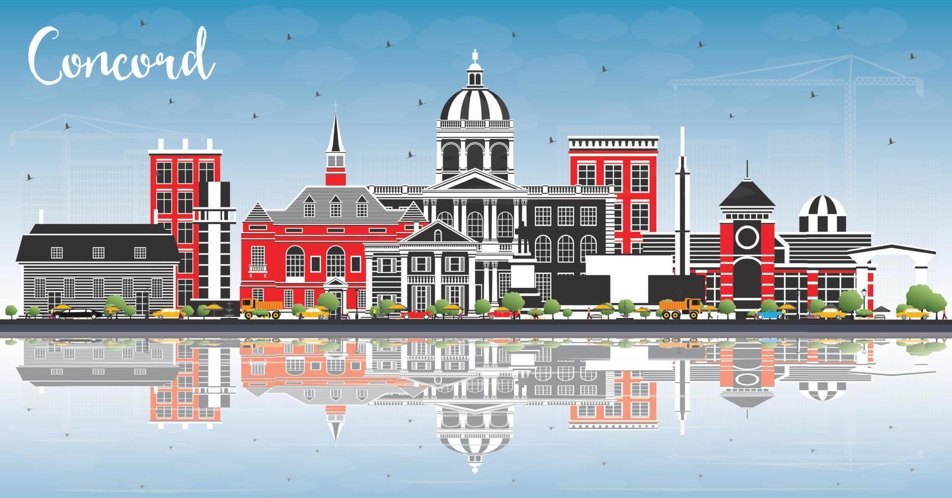 Concord New Hampshire City Skyline with Gray Buildings, Blue Sky and Reflections. vector