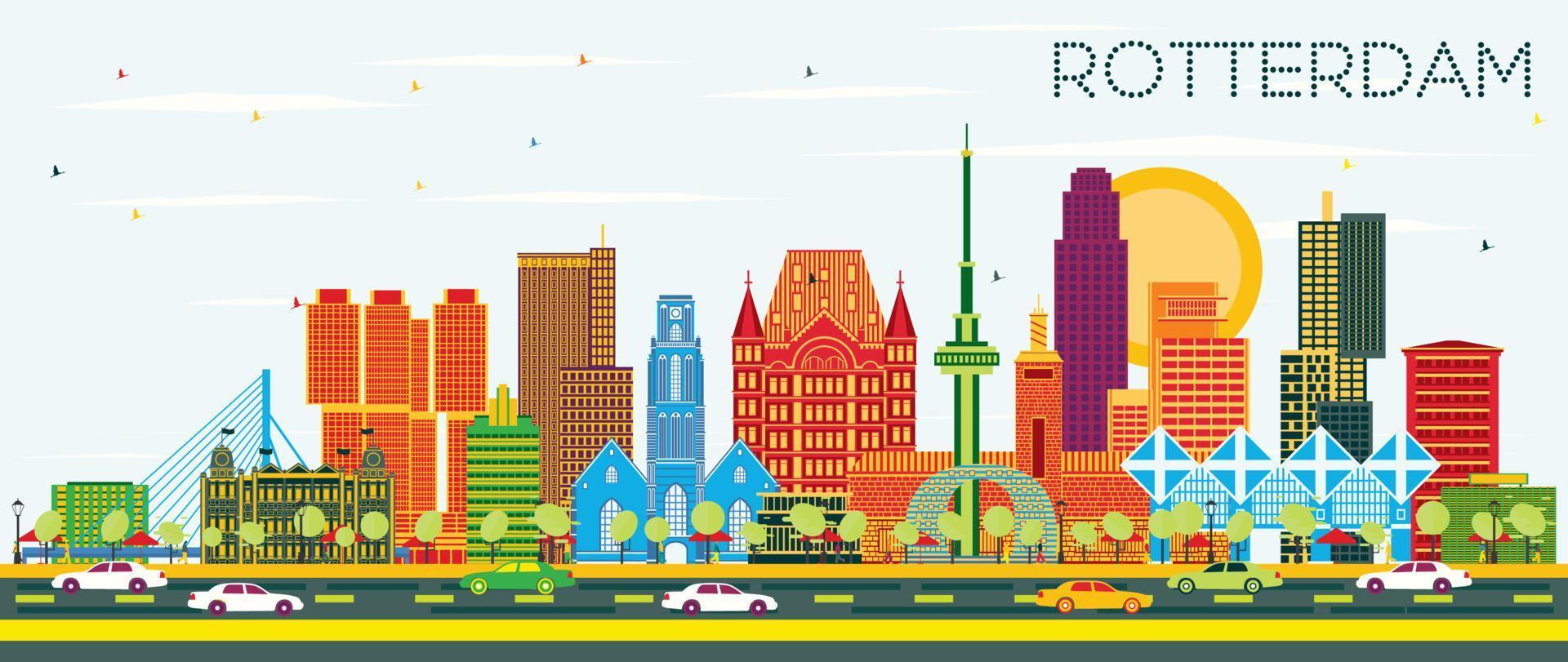 Rotterdam Netherlands City Skyline with Color Buildings and Blue Sky. vector