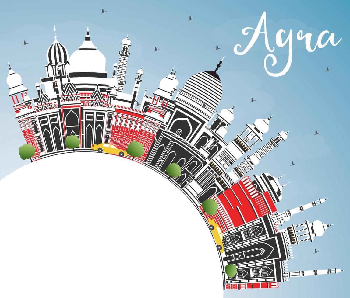Agra India City Skyline with Color Buildings, Blue Sky and Copy Space. vector