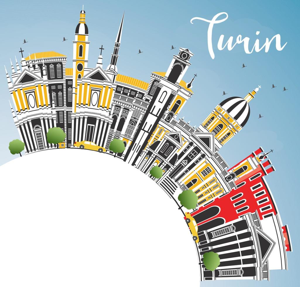 Turin Italy City Skyline with Color Buildings, Blue Sky and Copy Space. vector