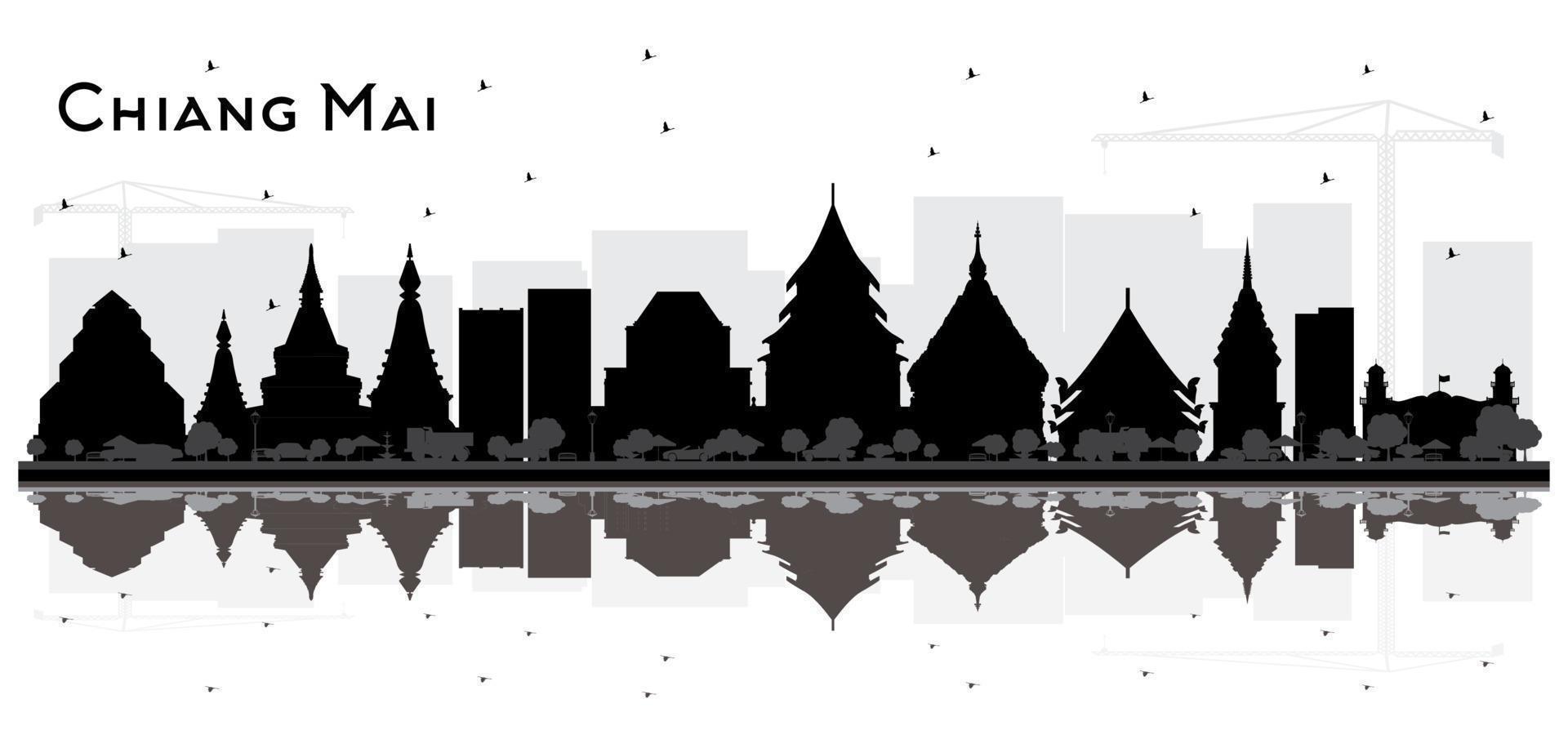 silueta del horizonte de la ciudad de chiang mai tailandia con edificios negros y reflejos aislados en blanco. vector