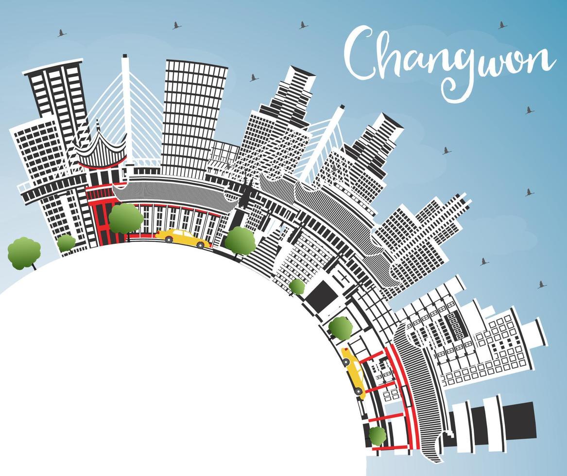 Changwon South Korea City Skyline with Color Buildings, Blue Sky and Copy Space. vector