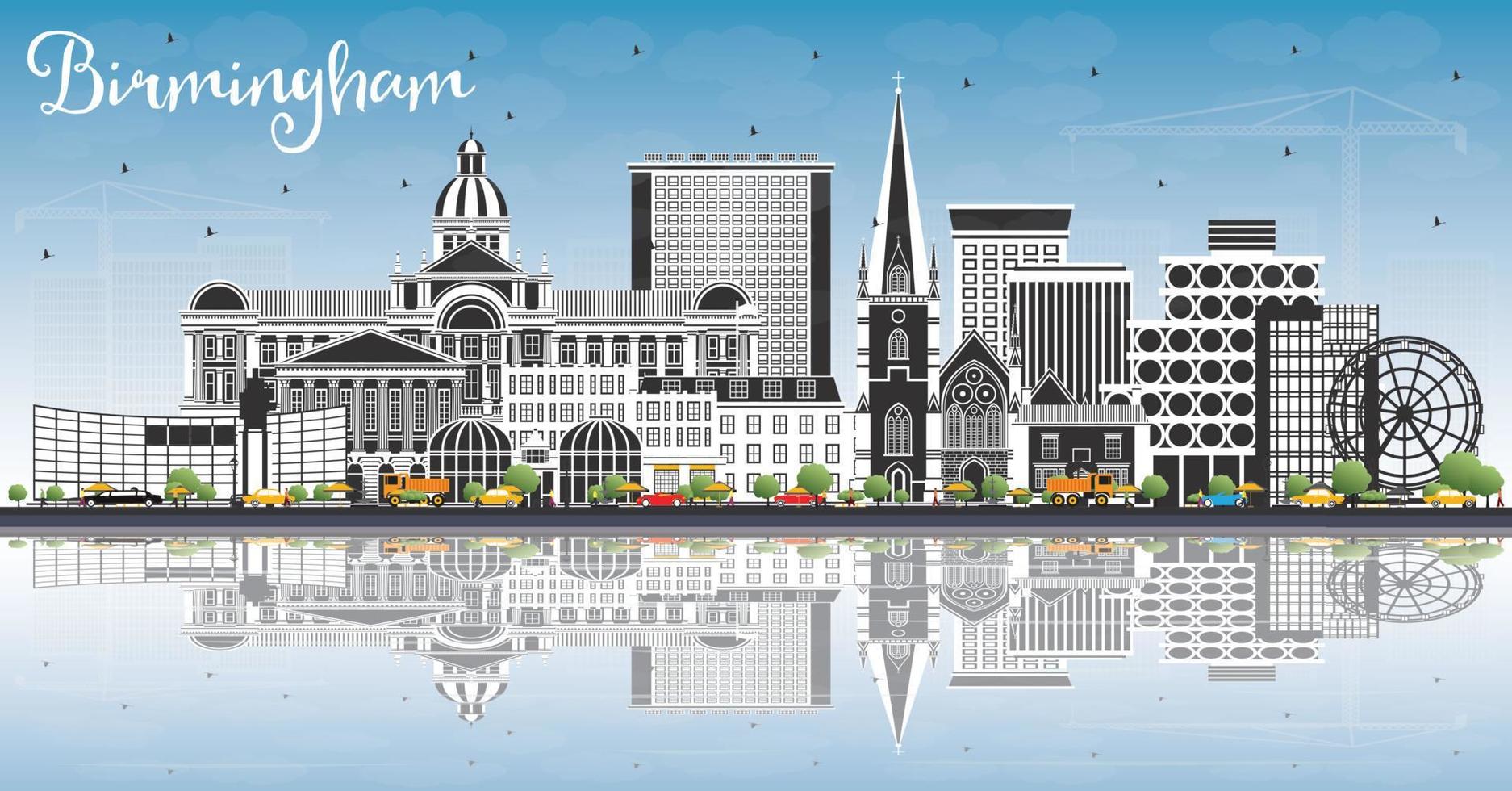 Birmingham UK City Skyline with Color Buildings, Blue Sky and Reflections. vector