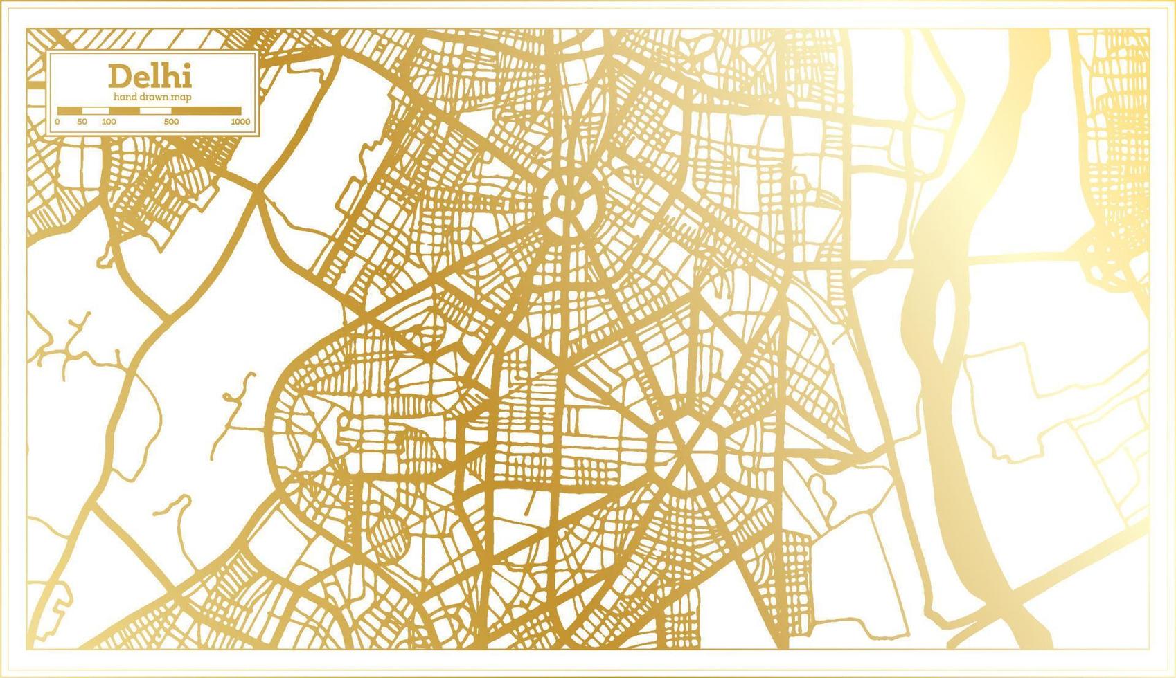 mapa de la ciudad de delhi india en estilo retro en color dorado. esquema del mapa. vector