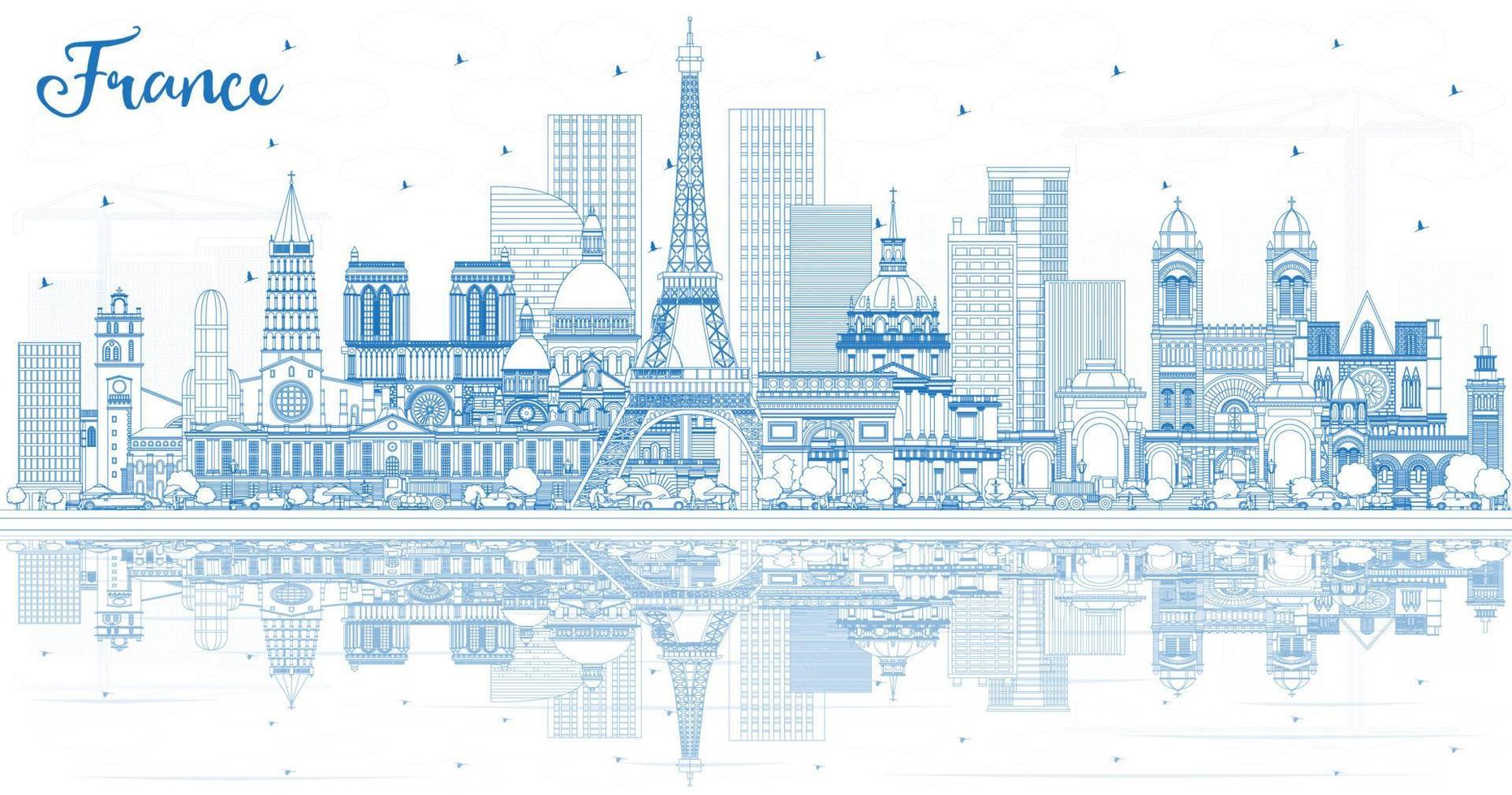 Outline France City Skyline with Blue Buildings and Reflections. vector