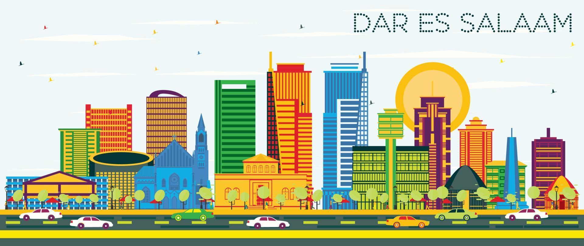 Dar Es Salaam Tanzania City Skyline with Color Buildings and Blue Sky. vector