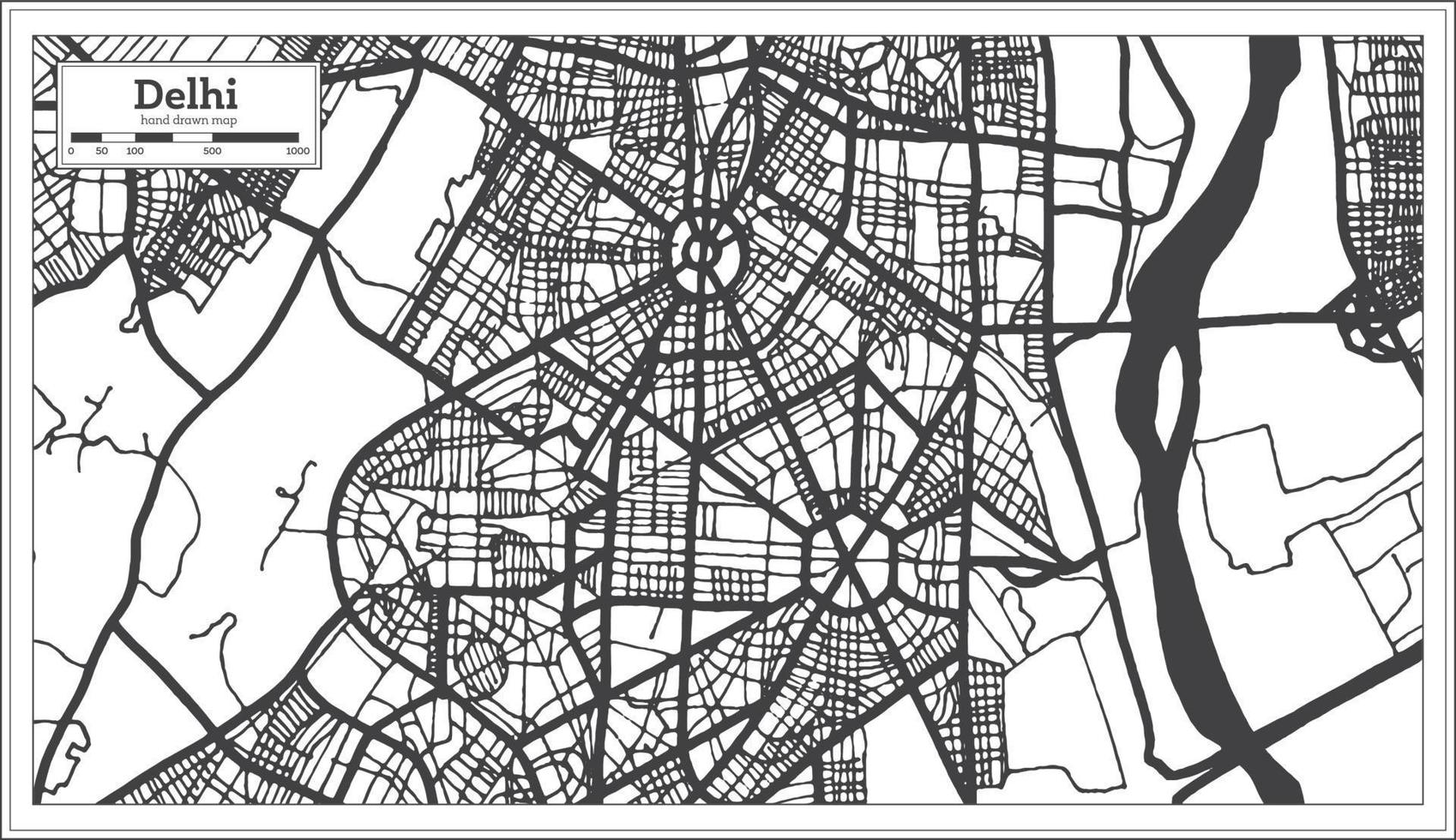 mapa de la ciudad de delhi india en estilo retro en color blanco y negro. esquema del mapa. vector