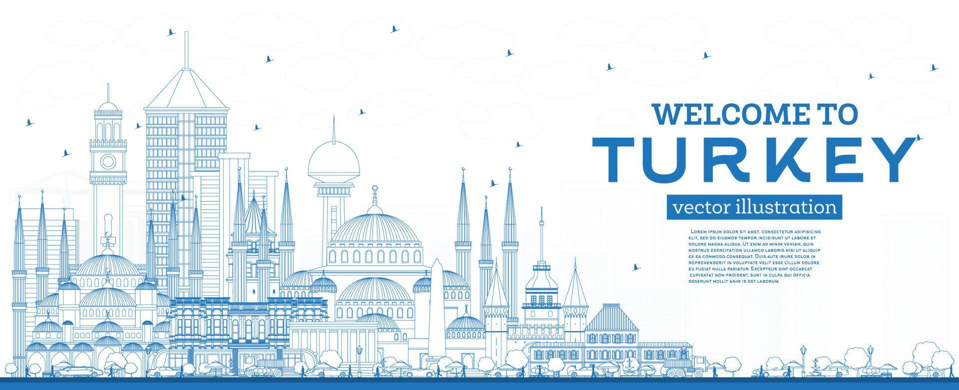 Outline Welcome to Turkey Skyline with Blue Buildings. vector