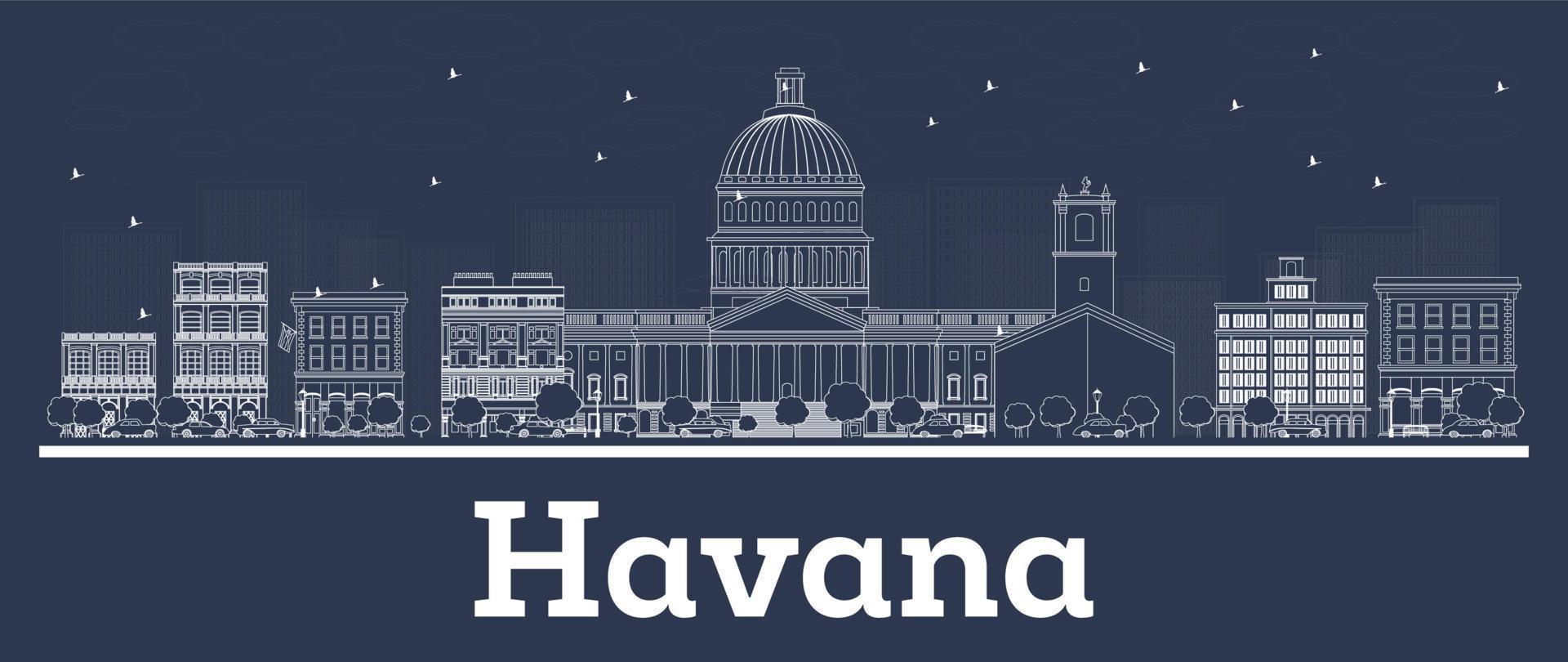 Outline Havana Cuba City Skyline with White Buildings. vector