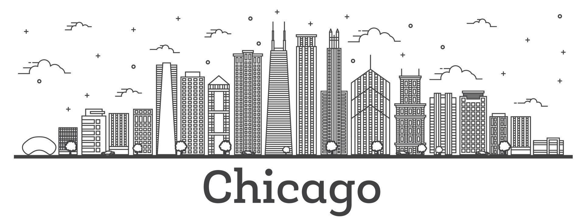 esbozar el horizonte de la ciudad de chicago, illinois, con edificios modernos aislados en blanco. vector