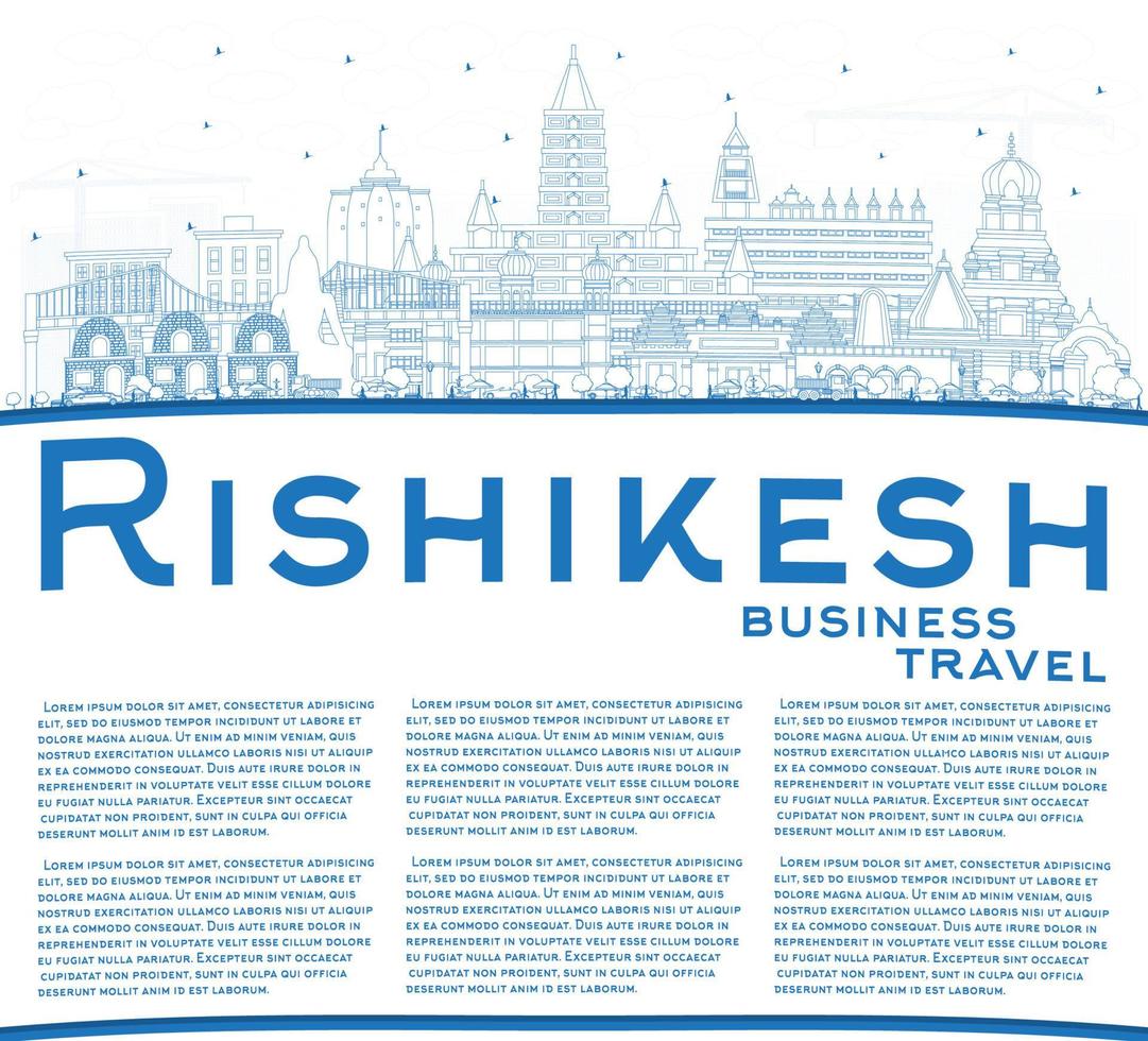 Outline Rishikesh India City Skyline with Blue Buildings and Copy Space. vector