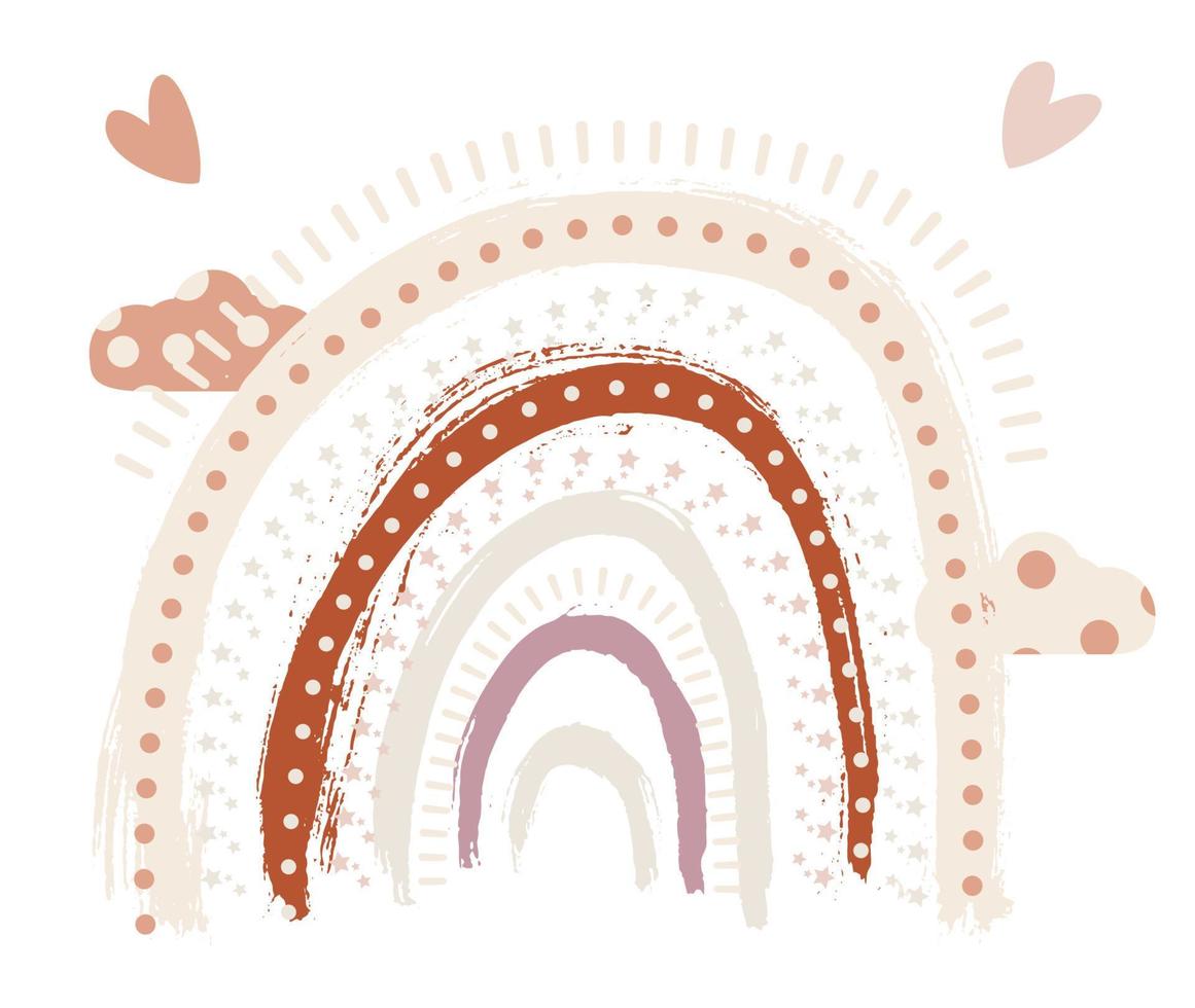 Boho Rainbow Print with Clouds For Playroom With Neutral Gender Colors and Stars. vector