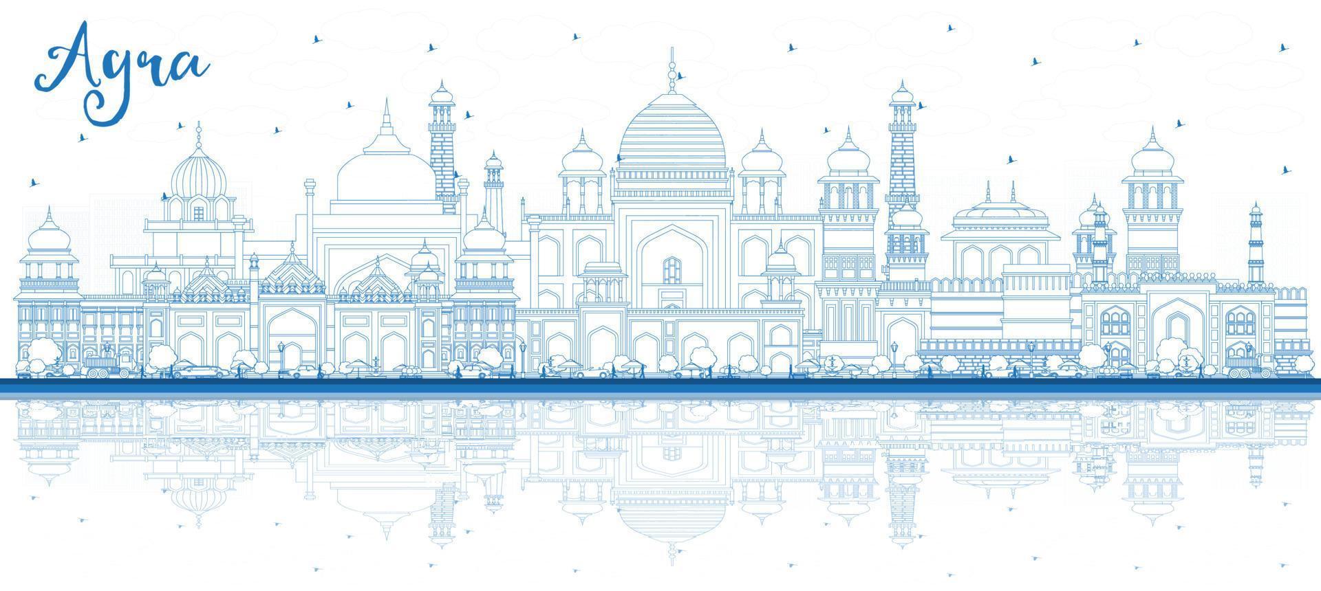 Outline Agra India City Skyline with Blue Buildings and Reflections. vector