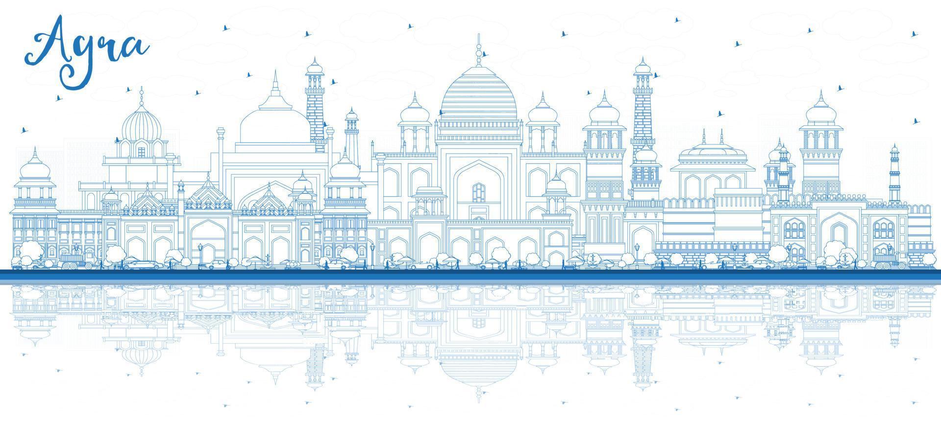 delinear el horizonte de la ciudad de agra india con edificios azules y reflejos. vector