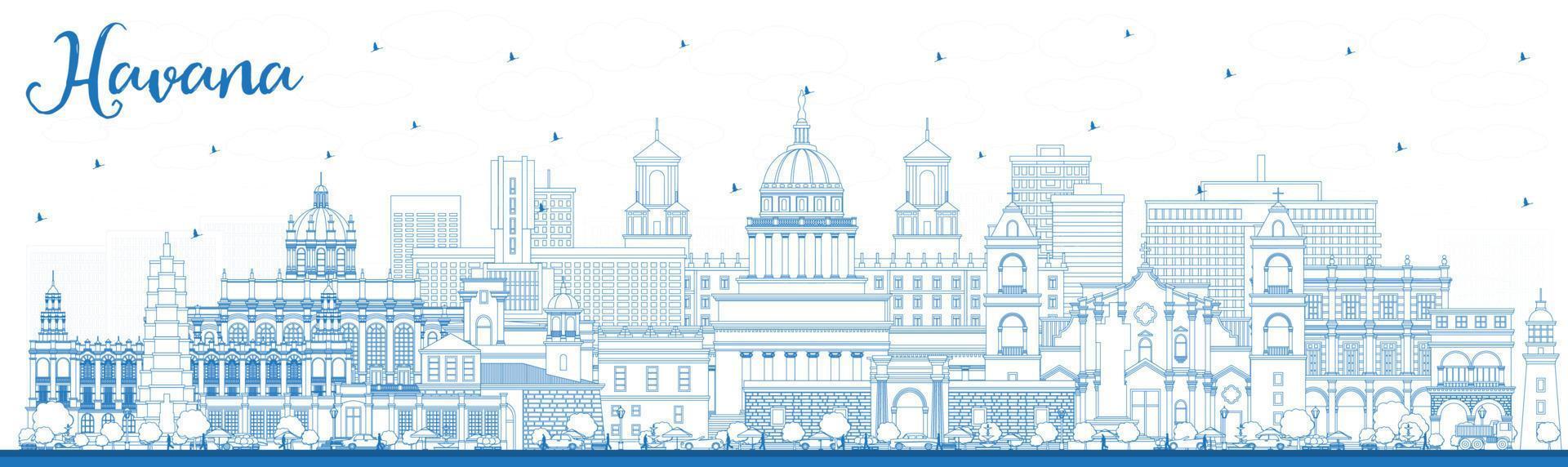 Outline Havana Cuba City Skyline with Blue Buildings. vector