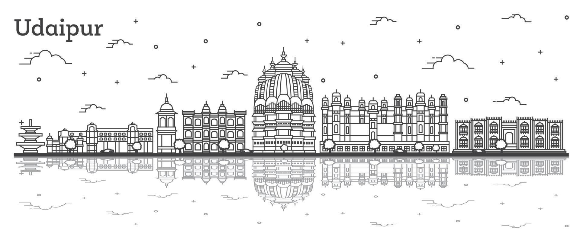 delinear el horizonte de la ciudad de udaipur india con edificios históricos y reflejos aislados en blanco. vector