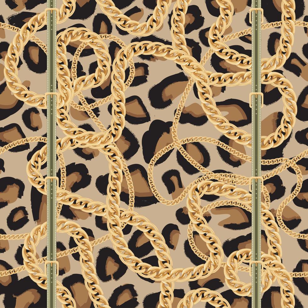 Leopard Seamless Pattern with Golden Chain and Belt with Buckle. vector
