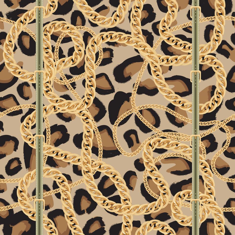 Leopard Seamless Pattern with Golden Chain and Belt with Buckle. vector