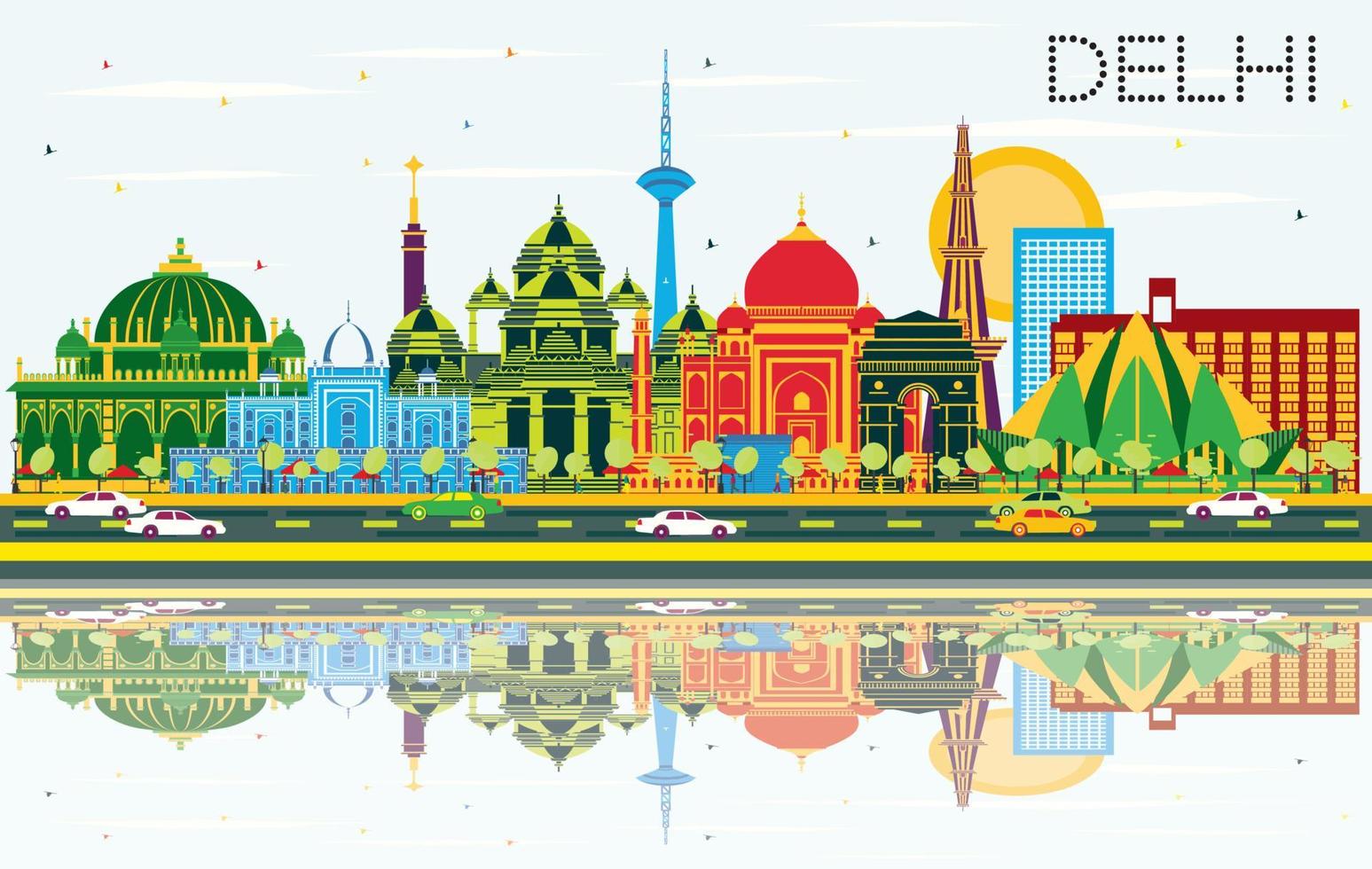 Delhi India City Skyline with Color Buildings, Blue Sky and Reflections. vector