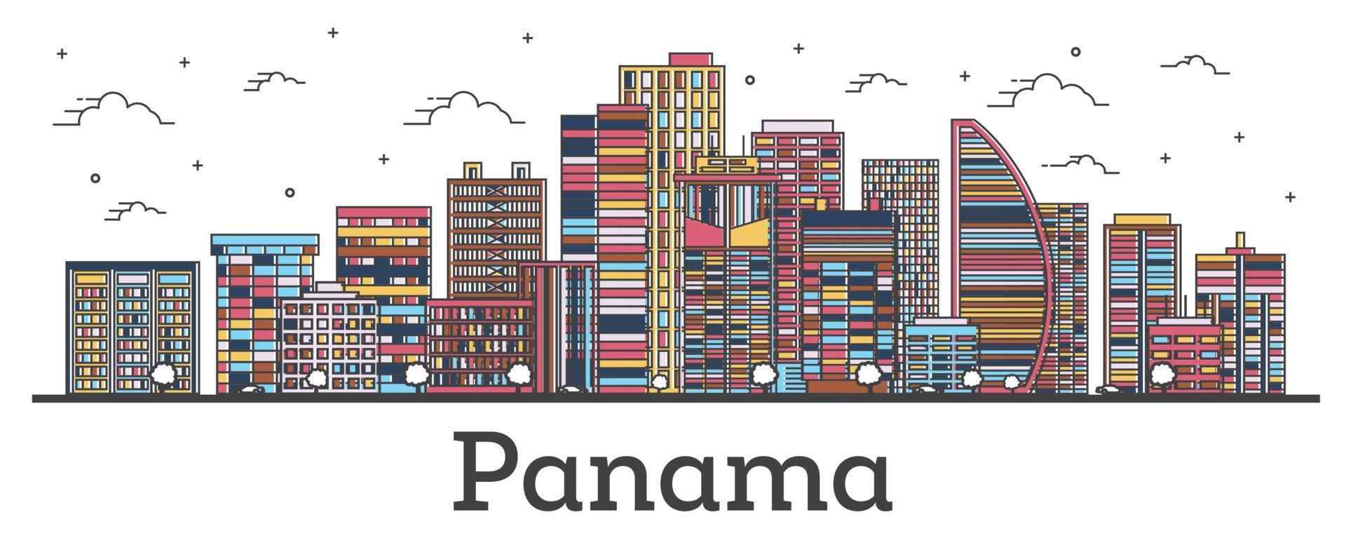 delinear el horizonte de la ciudad de panamá con edificios de color aislados en blanco. vector