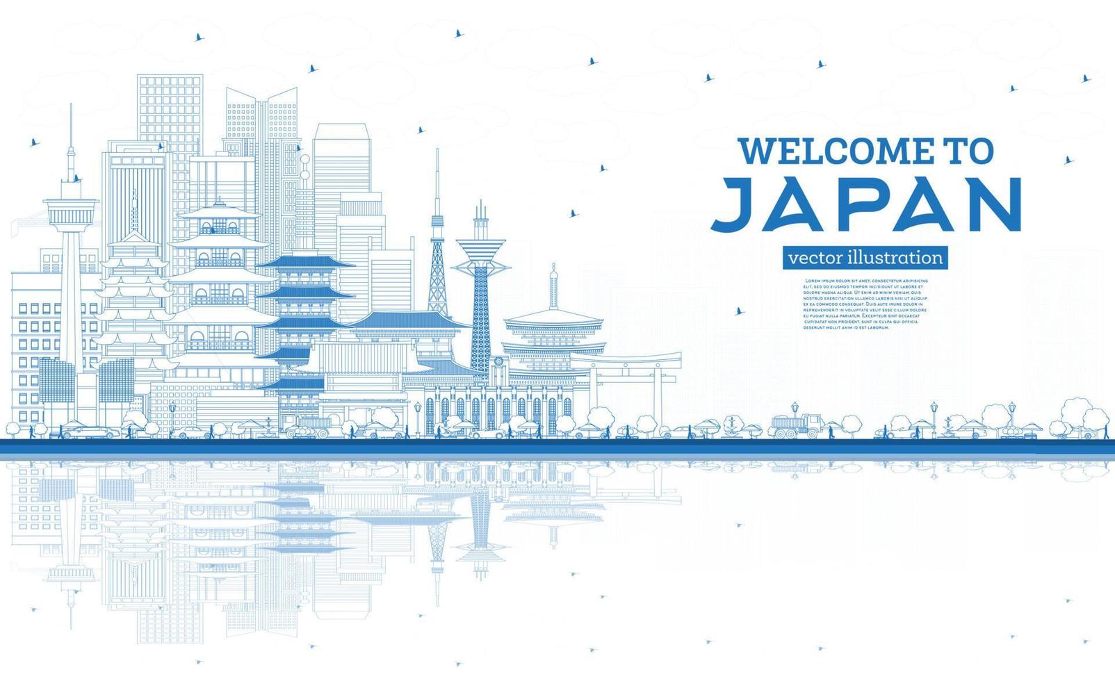 Outline Welcome to Japan Skyline with Blue Buildings and Reflections. vector