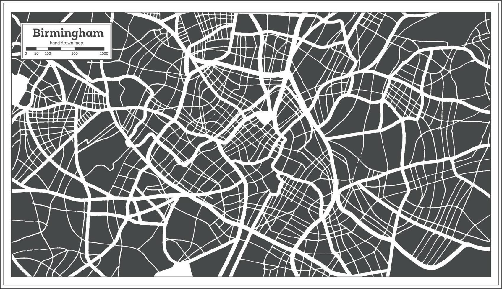 mapa de la ciudad de birmingham gran bretaña en color blanco y negro en estilo retro. esquema del mapa. vector