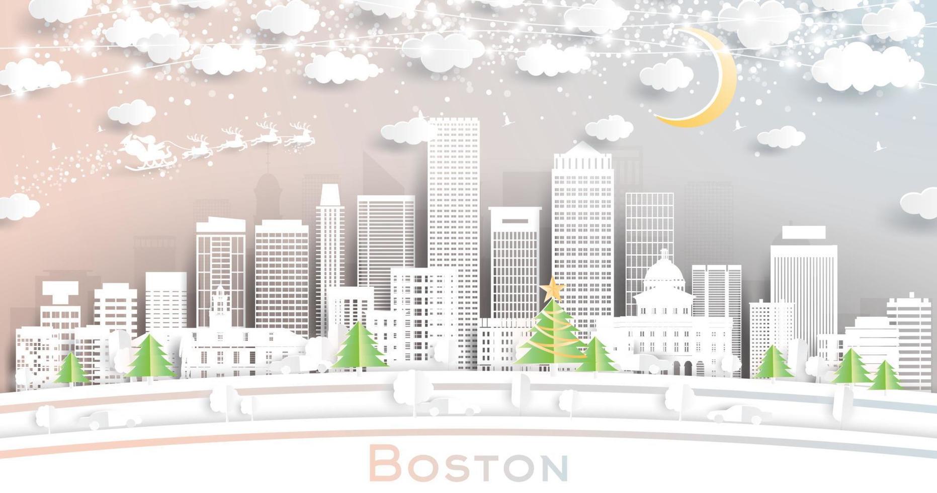 horizonte de la ciudad de boston massachusetts usa en estilo de corte de papel con copos de nieve, luna y guirnalda de neón. vector