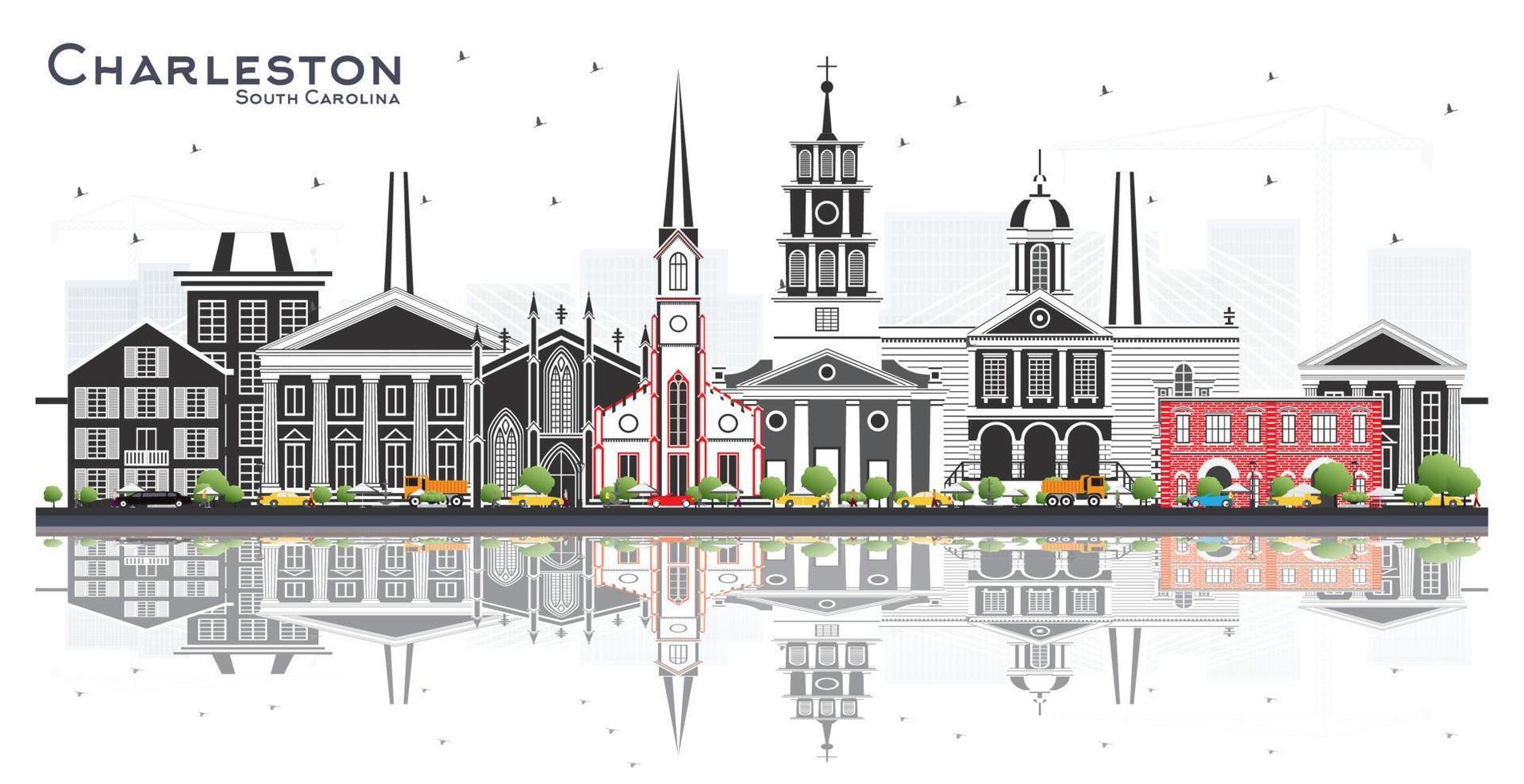 Charleston South Carolina City Skyline with Color Buildings Isolated on White. vector