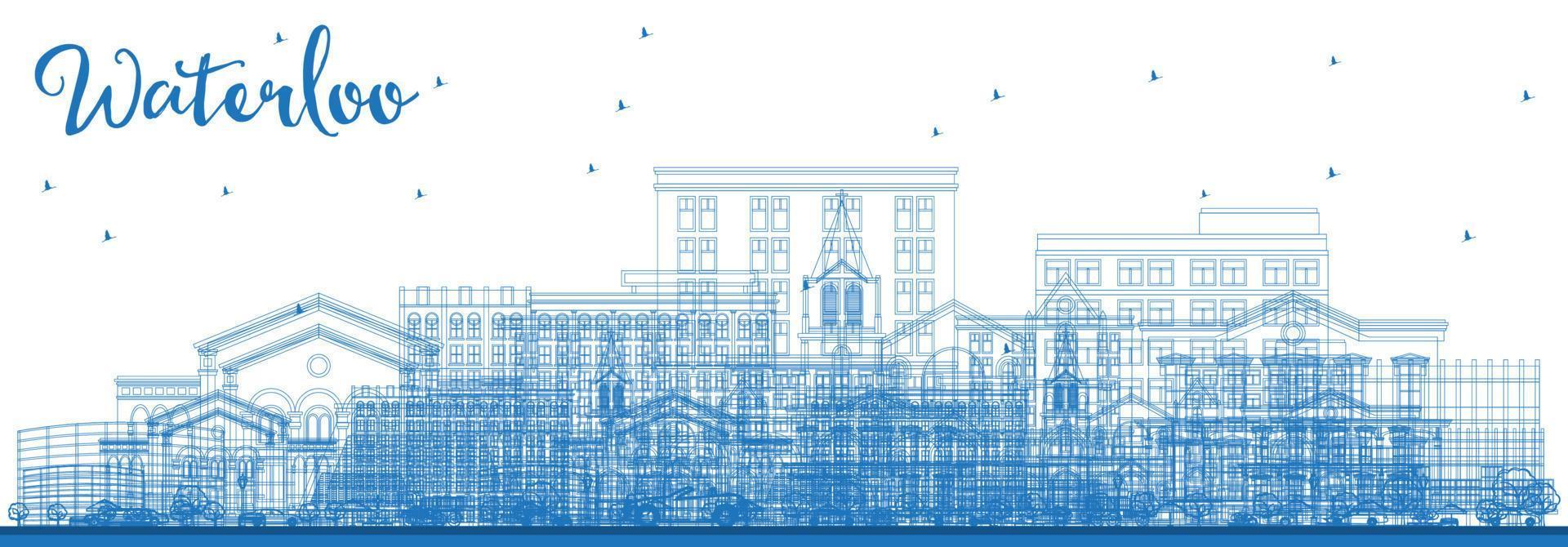 Outline Waterloo Iowa Skyline with Blue Buildings. vector