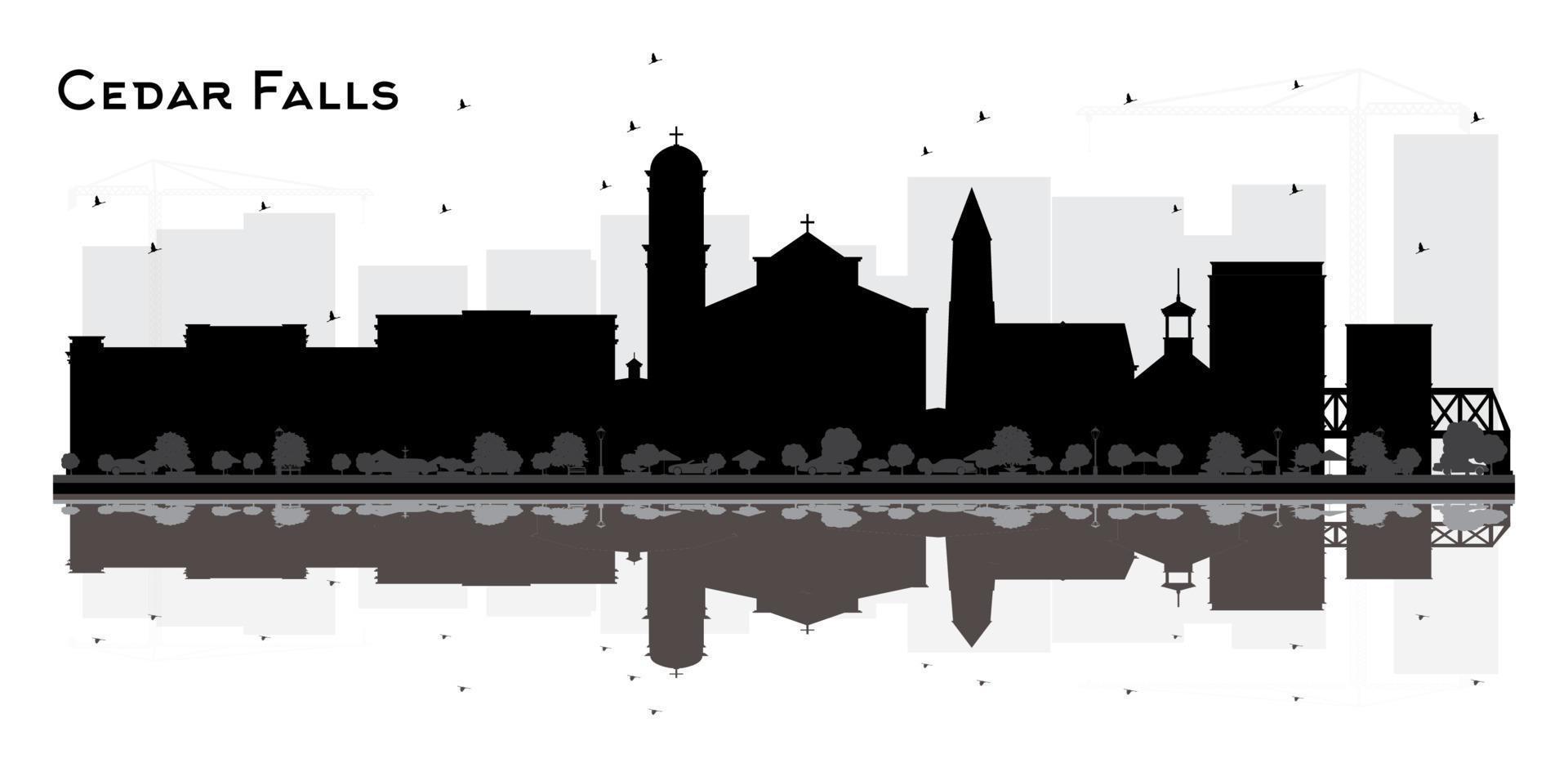 Cedar Falls Iowa City Skyline Silhouette with Black Buildings and Reflections Isolated on White. vector