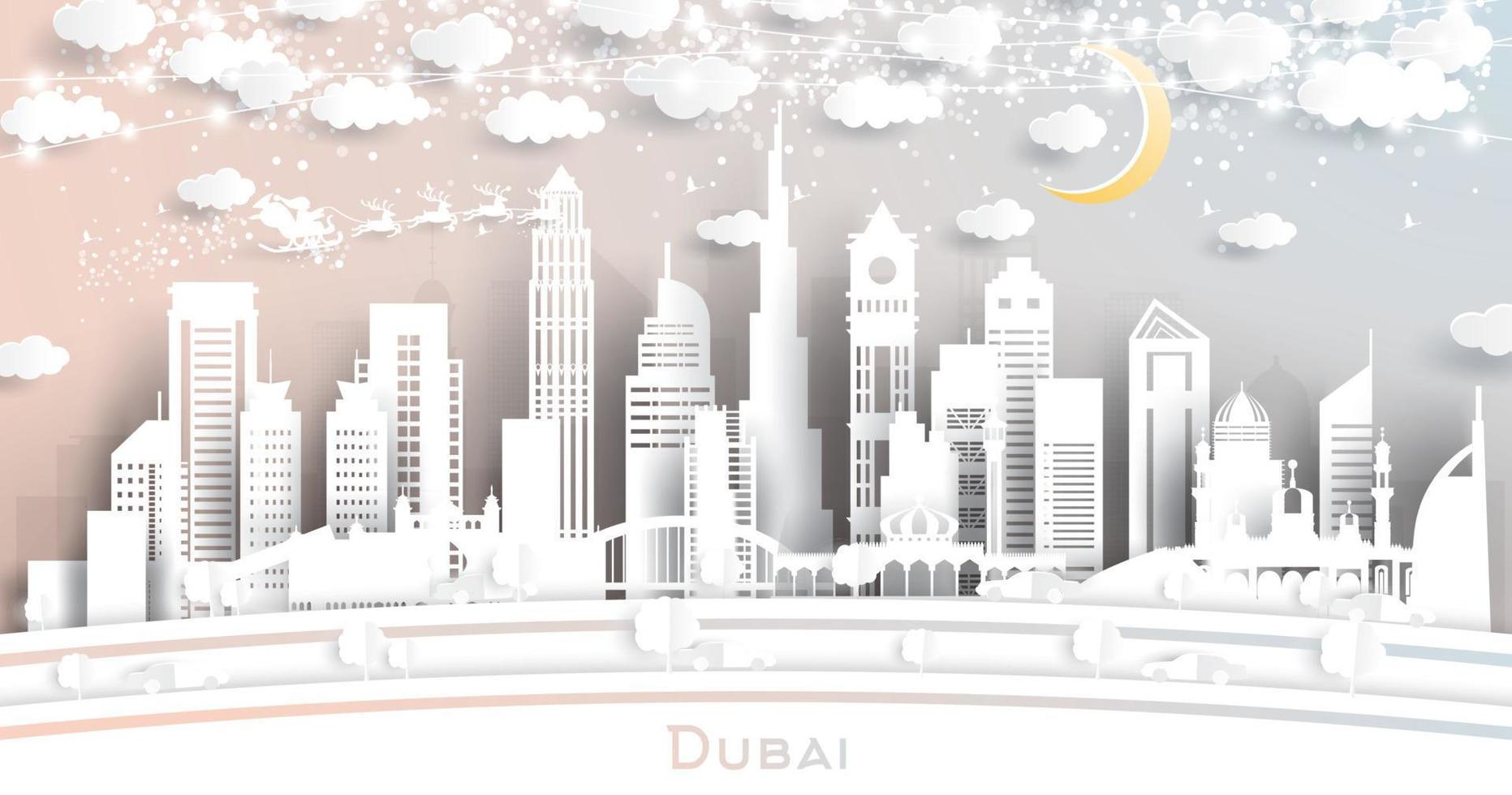 Dubai UAE City Skyline in Paper Cut Style with Snowflakes, Moon and Neon Garland. vector