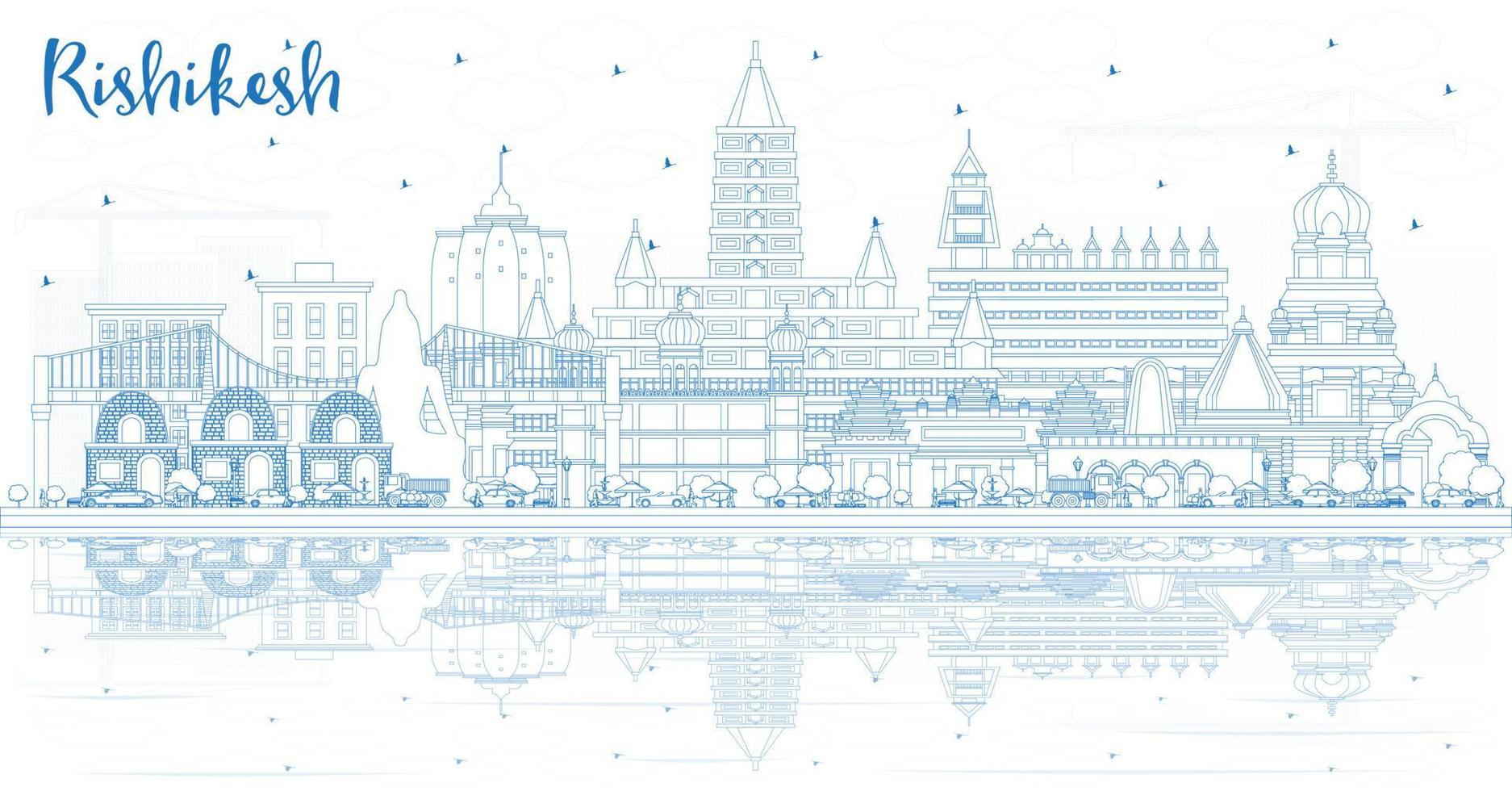 Outline Rishikesh India City Skyline with Blue Buildings and Reflections. vector