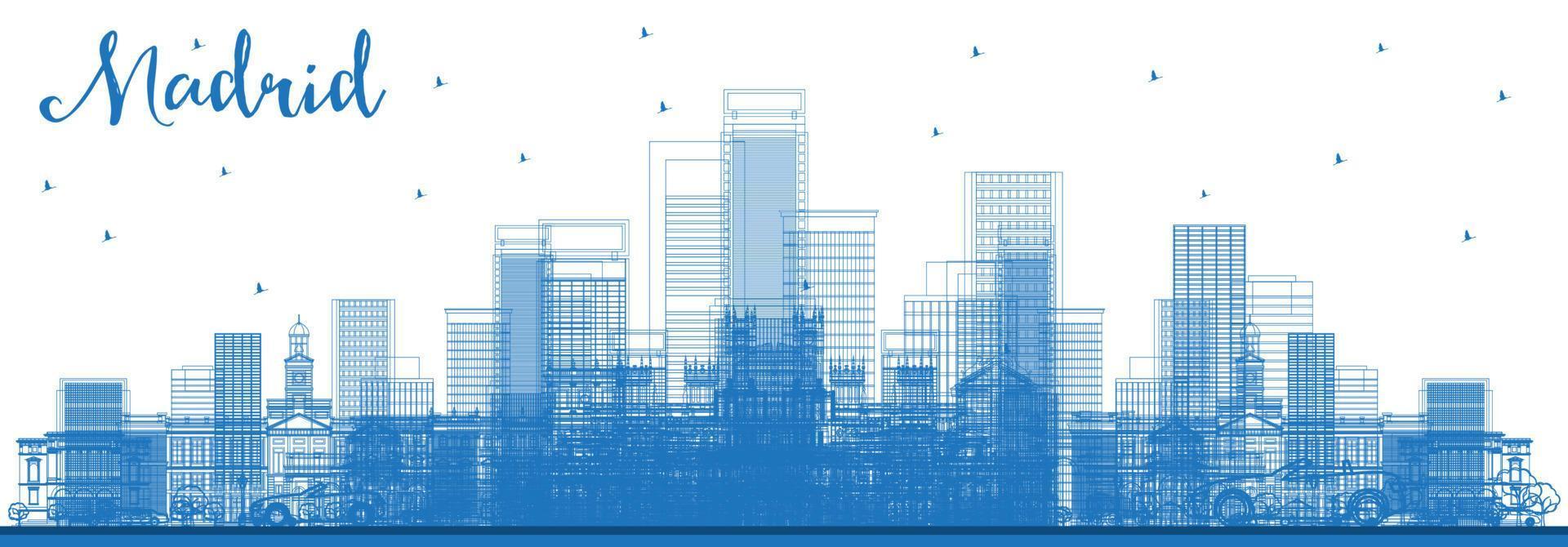 Outline Madrid Spain City Skyline with Blue Buildings. vector