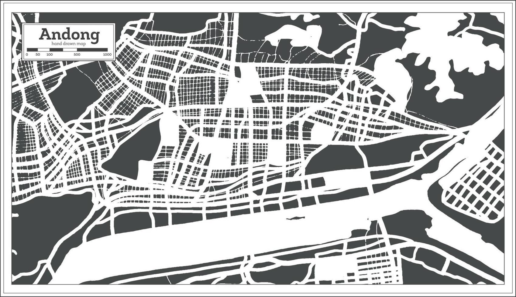 mapa de la ciudad de andong corea del sur en estilo retro. esquema del mapa. vector