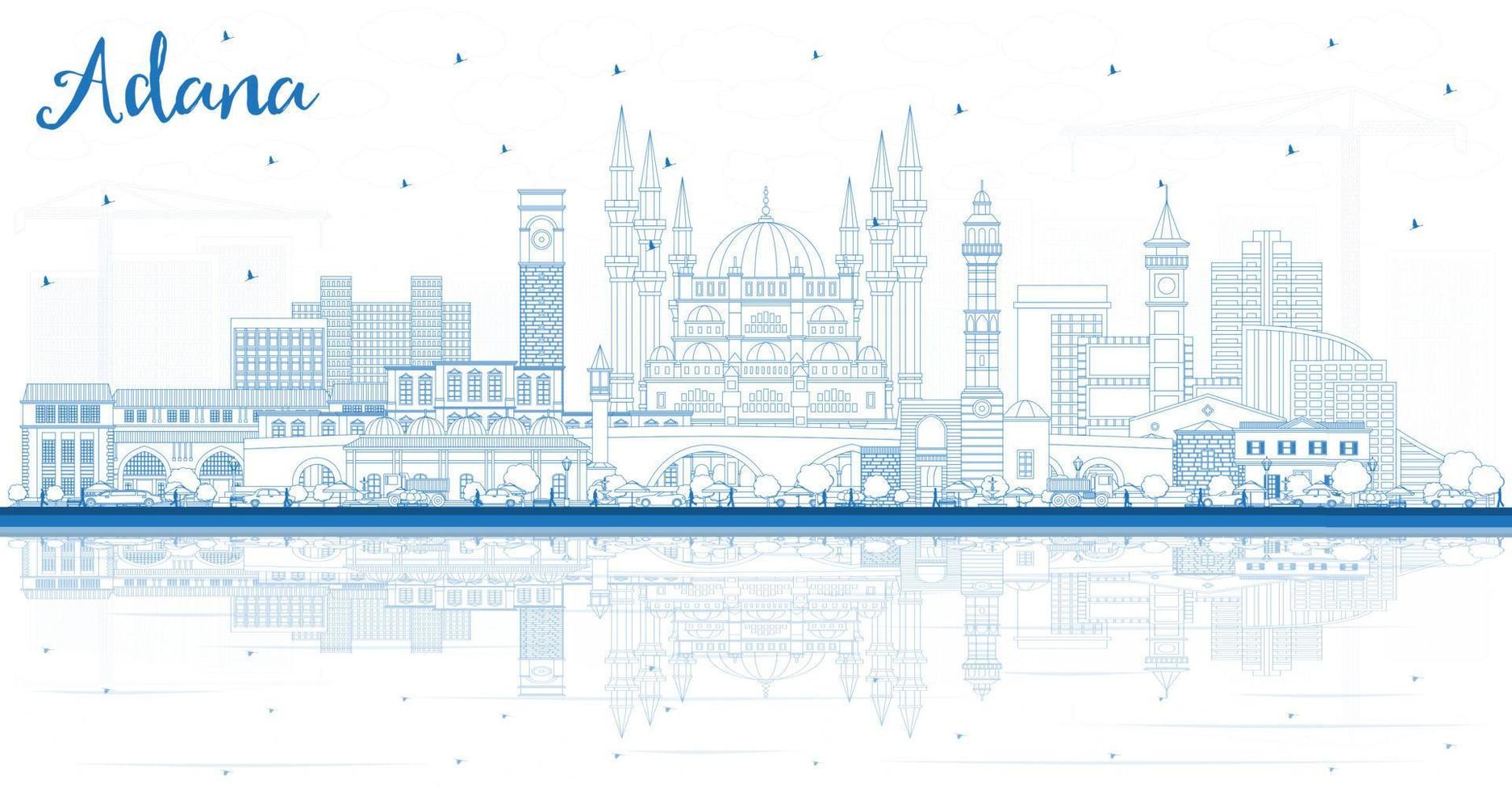 Outline Adana Turkey City Skyline with Blue Buildings and Reflections. vector