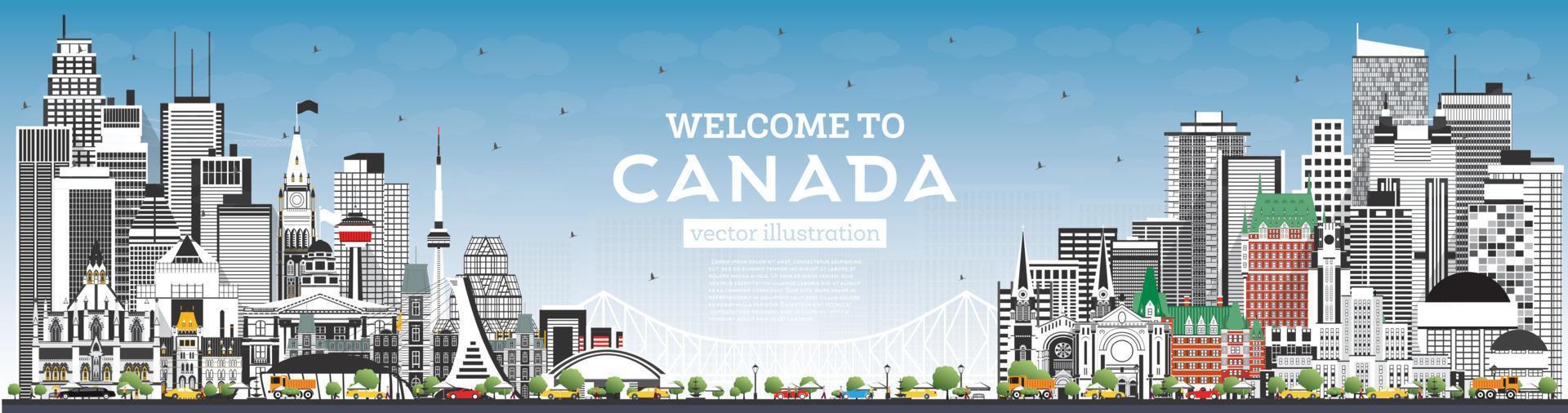 Welcome to Canada City Skyline with Gray Buildings and Blue Sky. vector