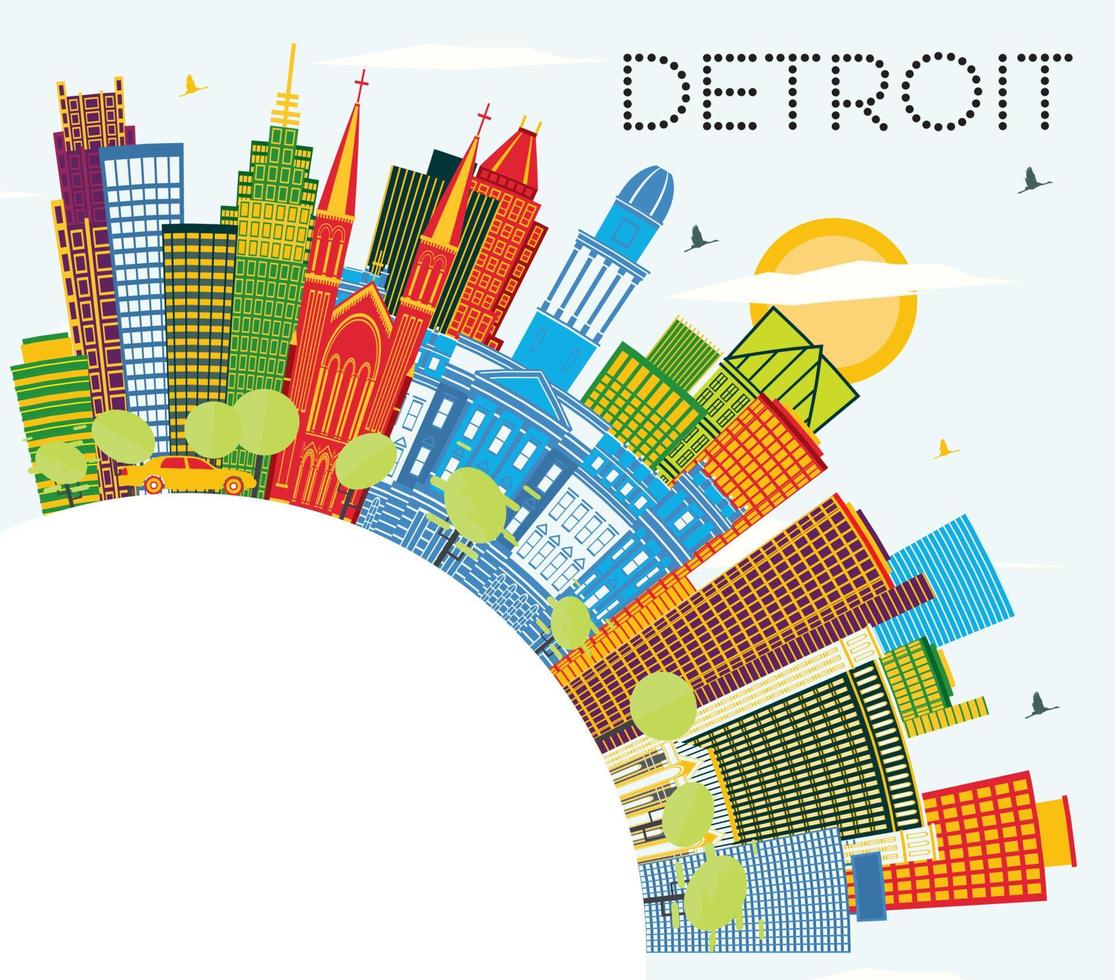 Detroit Michigan City Skyline with Color Buildings, Blue Sky and Copy Space. vector