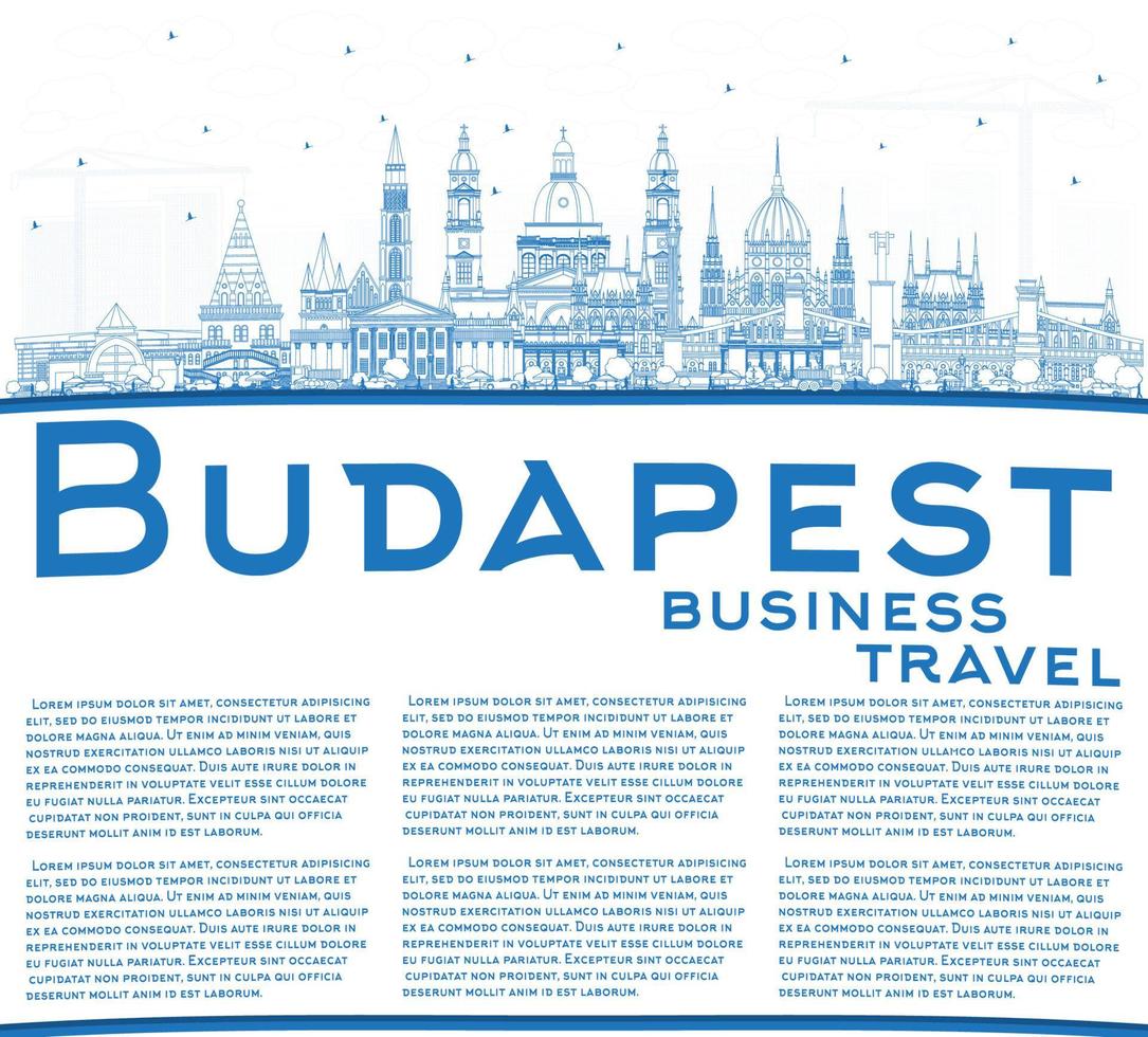 delinee el horizonte de la ciudad de budapest hungría con edificios azules y copie el espacio. vector