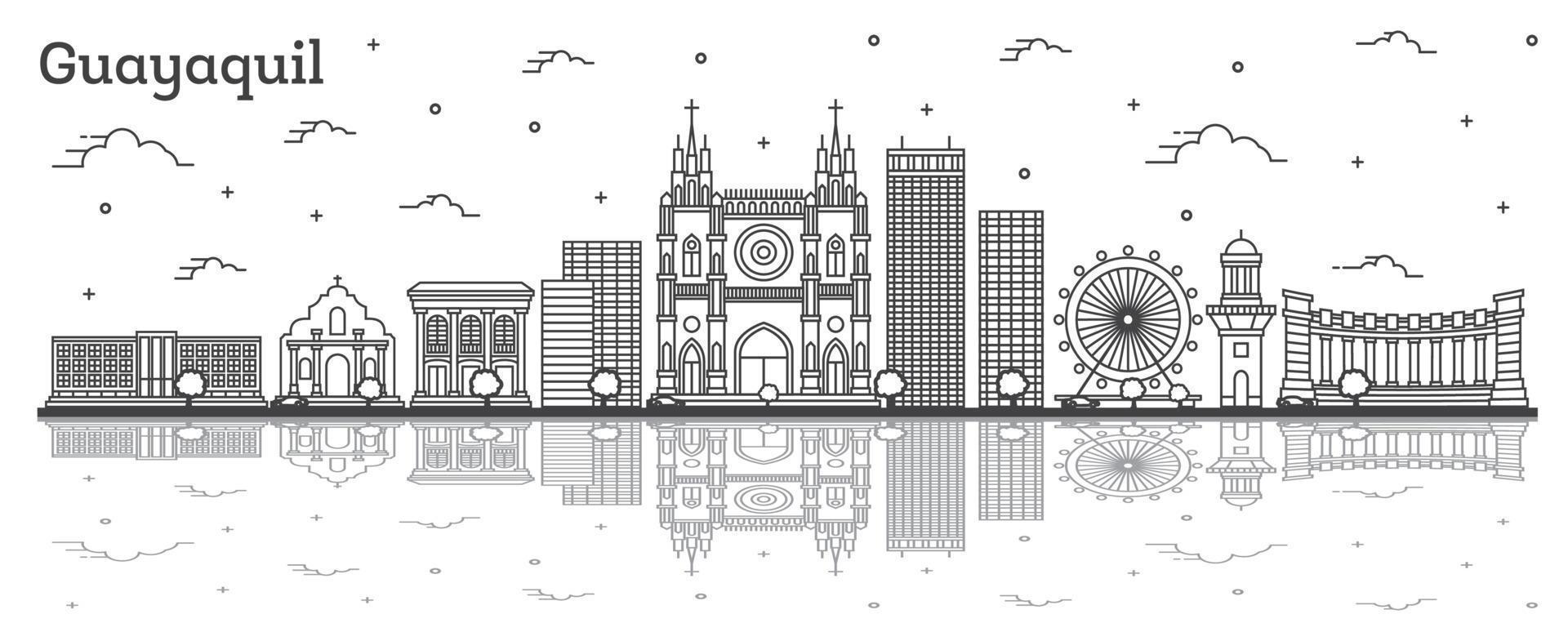 delinear el horizonte de la ciudad de guayaquil ecuador con edificios históricos y reflejos aislados en blanco. vector