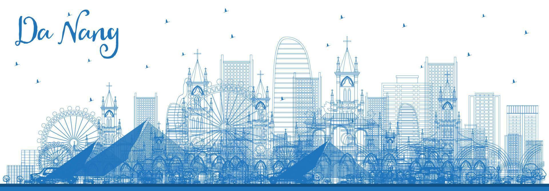 Outline Da Nang Vietnam City Skyline with Blue Buildings. vector