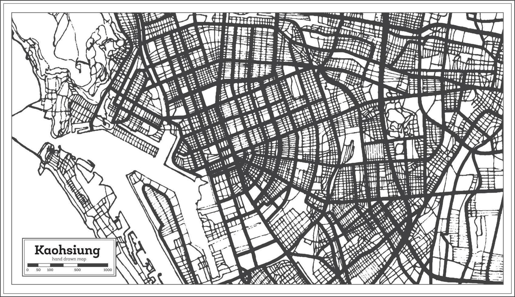 Kaohsiung Taiwan Indonesia City Map in Black and White Color. Outline Map. vector