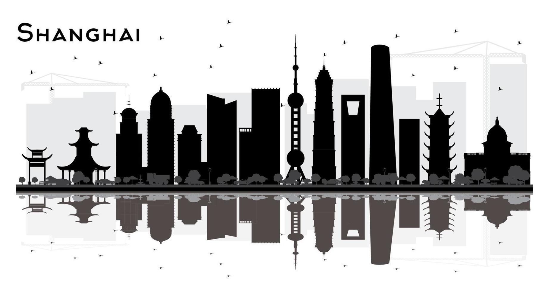 Shanghai China City Skyline Silhouette with Black Buildings and Reflections Isolated on White. vector